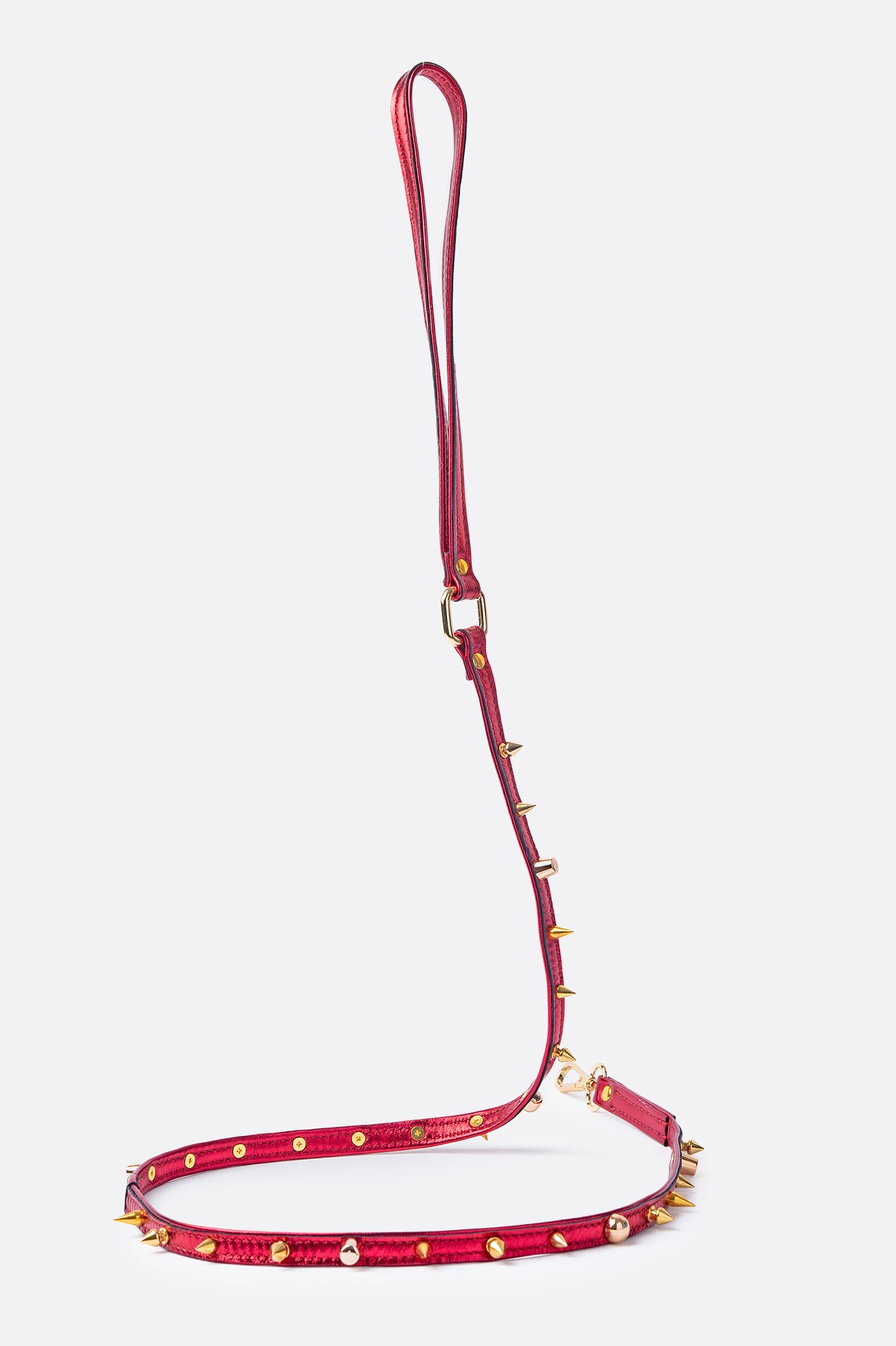 ITALIAN Genuine Red LEATHER LEASH For Dogs Spiked Handcrafted Gold Hardware