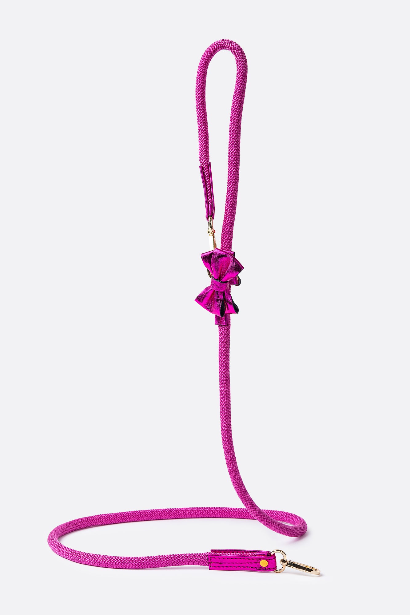 Dog Set Dog Collar + Leash Collar with a Bow ITALIAN Pink Leather HANDCRAFTED and Rope Leash Gold finish Hardware