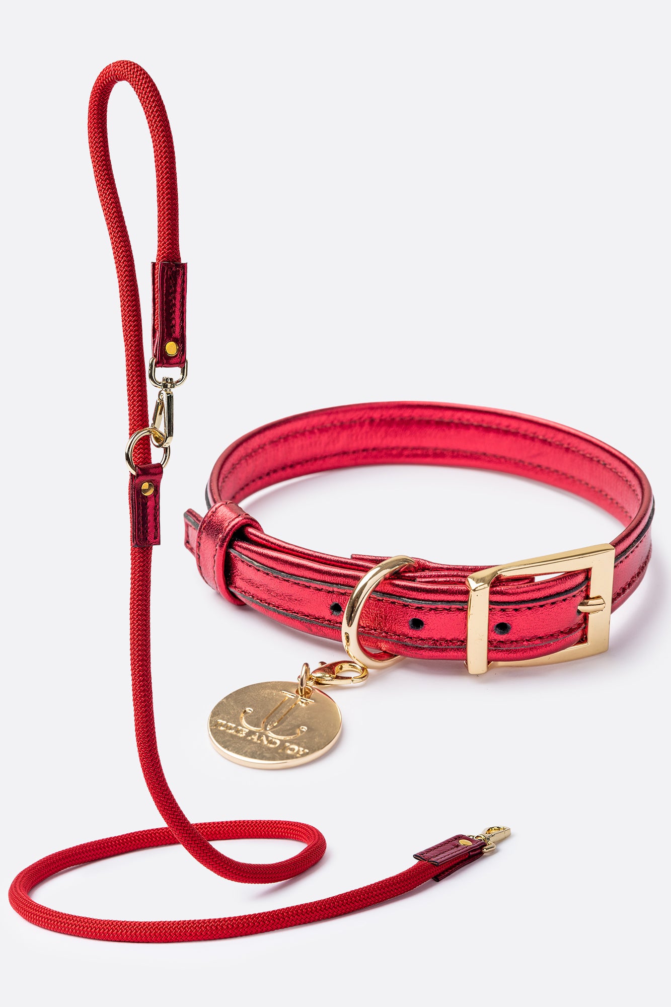 Dog Set Collar + Leash Red ITALIAN Leather Dog Collar Handcrafted Gold Hardware