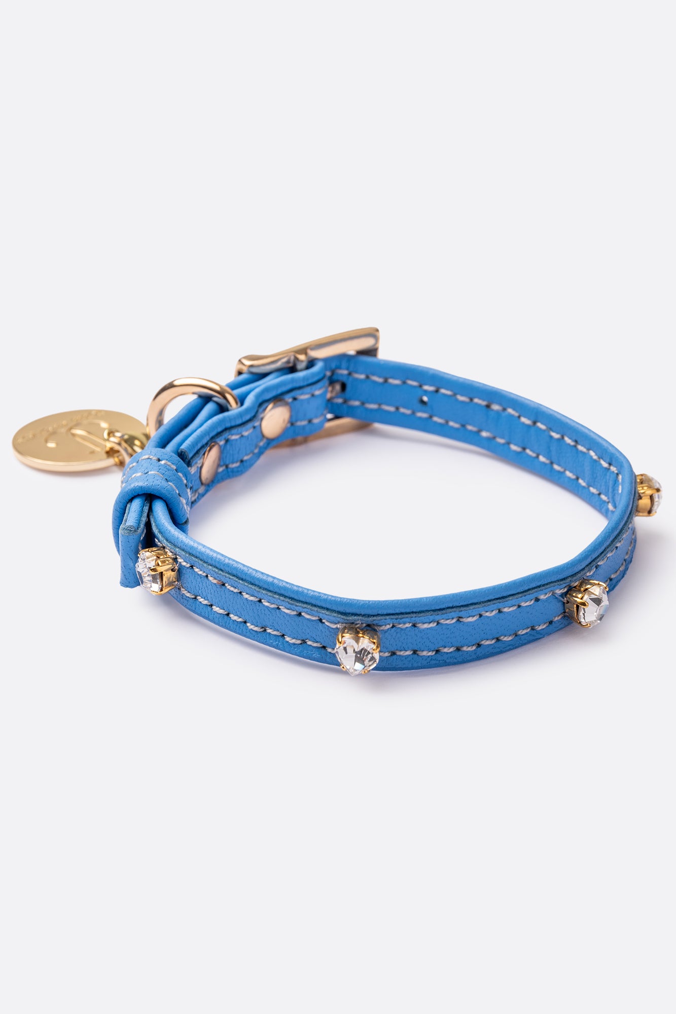 Dog Collar ITALIAN Electric Blue Leather Perfect Gift For Dog Owners –Luxury Genuine Leather And Hearts crystals Gold Finish Hardware Collar