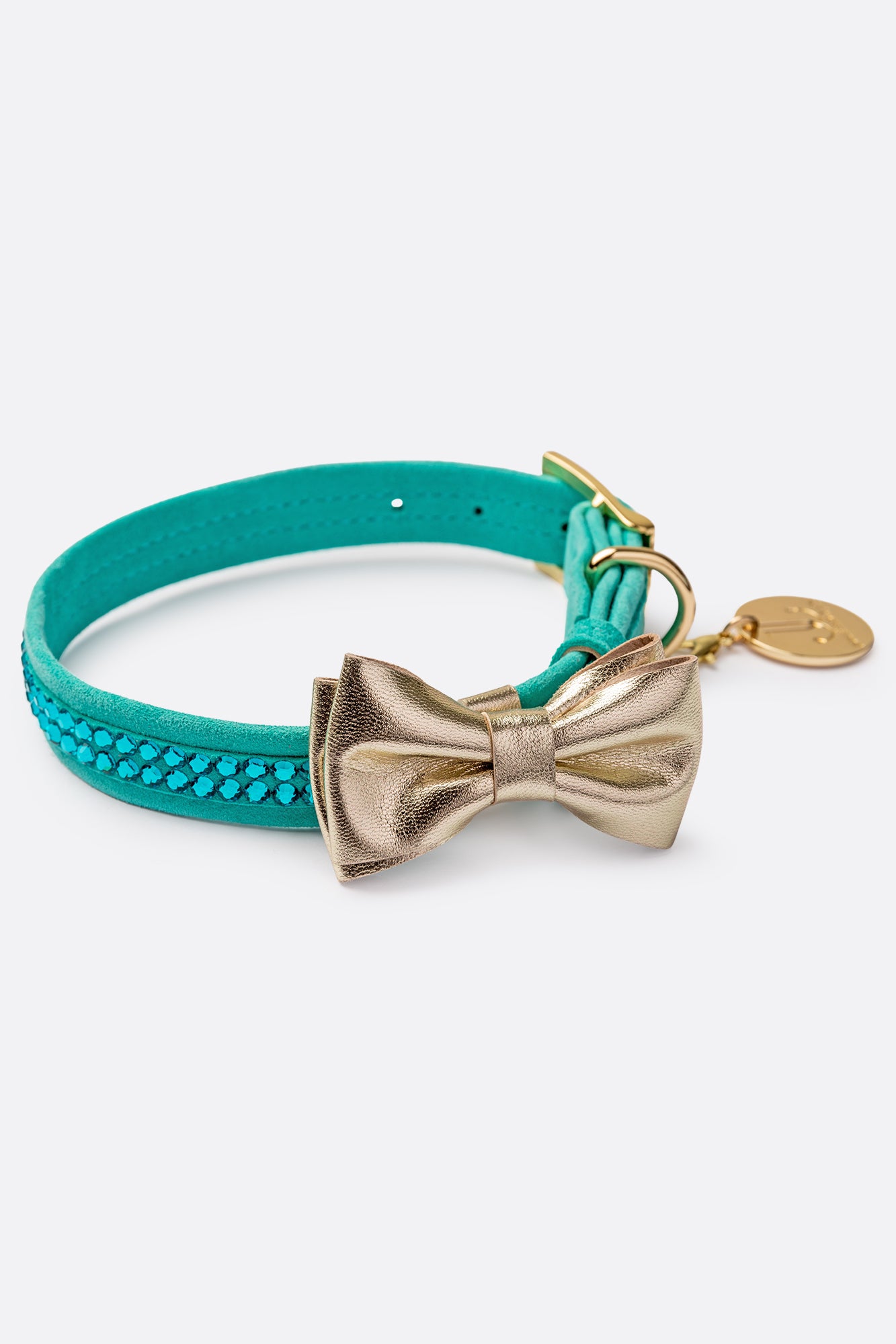 Dog Set Collar + Leash Blue ITALIAN Suede Dog Collar with Austrian crystals “Preciosa” and a bow