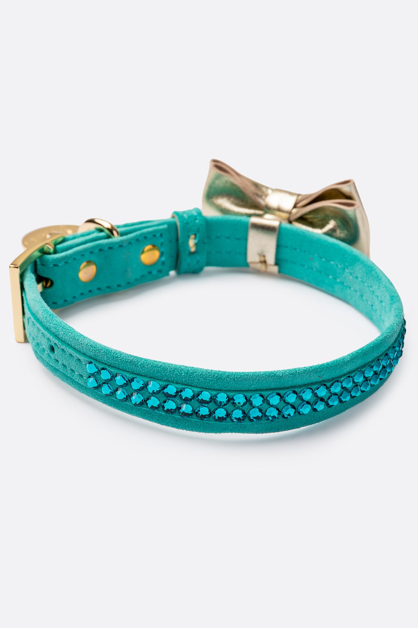 Dog Set Collar + Leash Blue ITALIAN Suede Dog Collar with Austrian crystals “Preciosa” and a bow