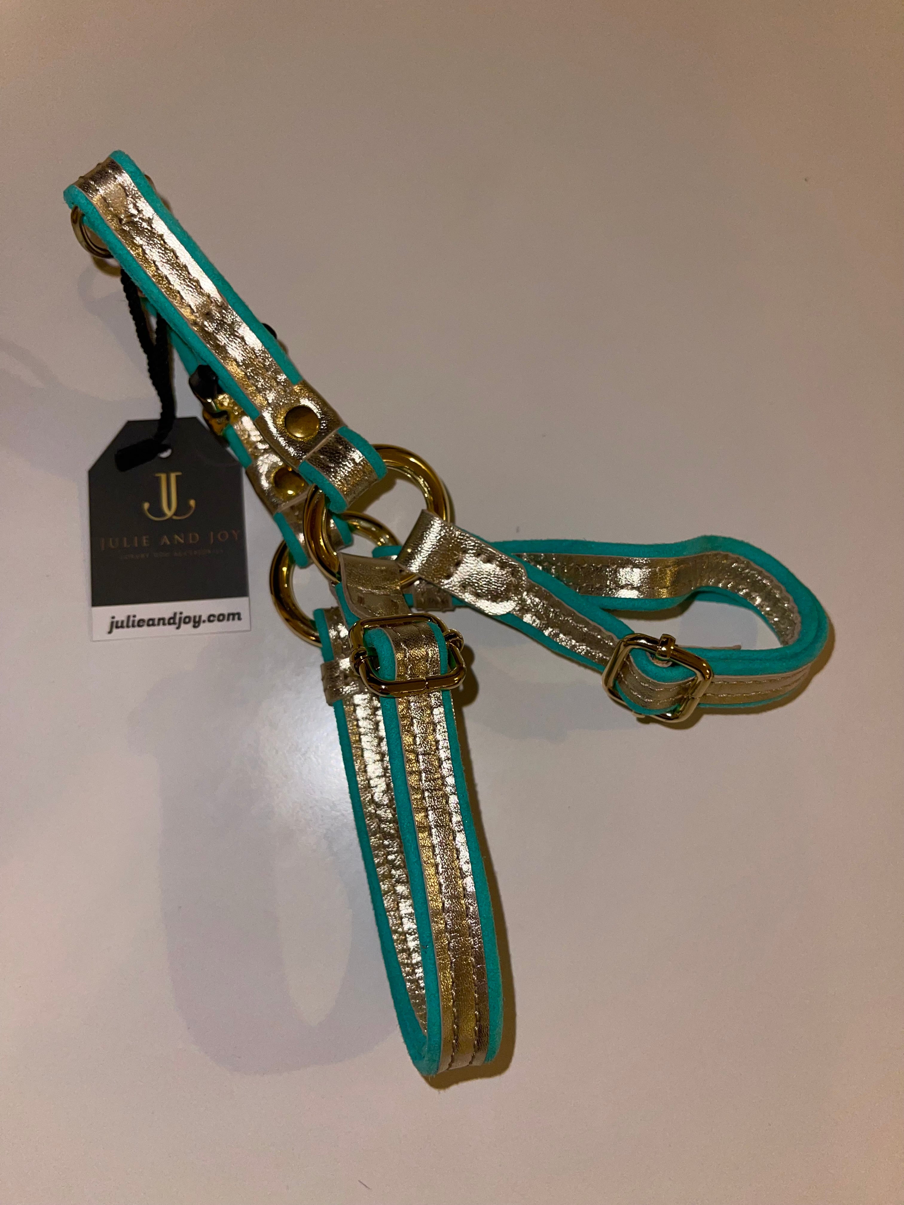 Harness Italian gold leather + Italian turquoise suede