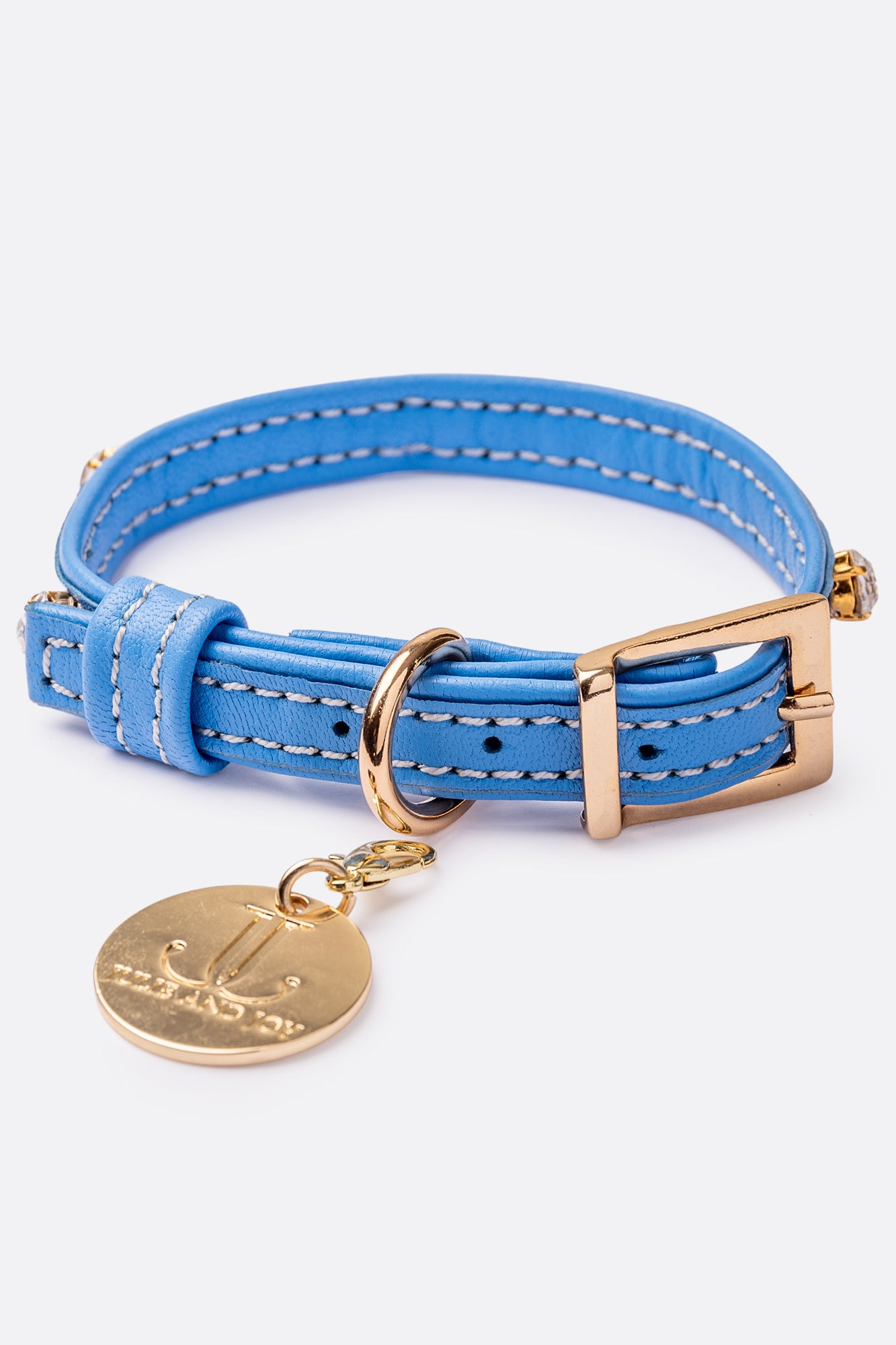 Dog Collar ITALIAN Electric Blue Leather Perfect Gift For Dog Owners –Luxury Genuine Leather And Hearts crystals Gold Finish Hardware Collar