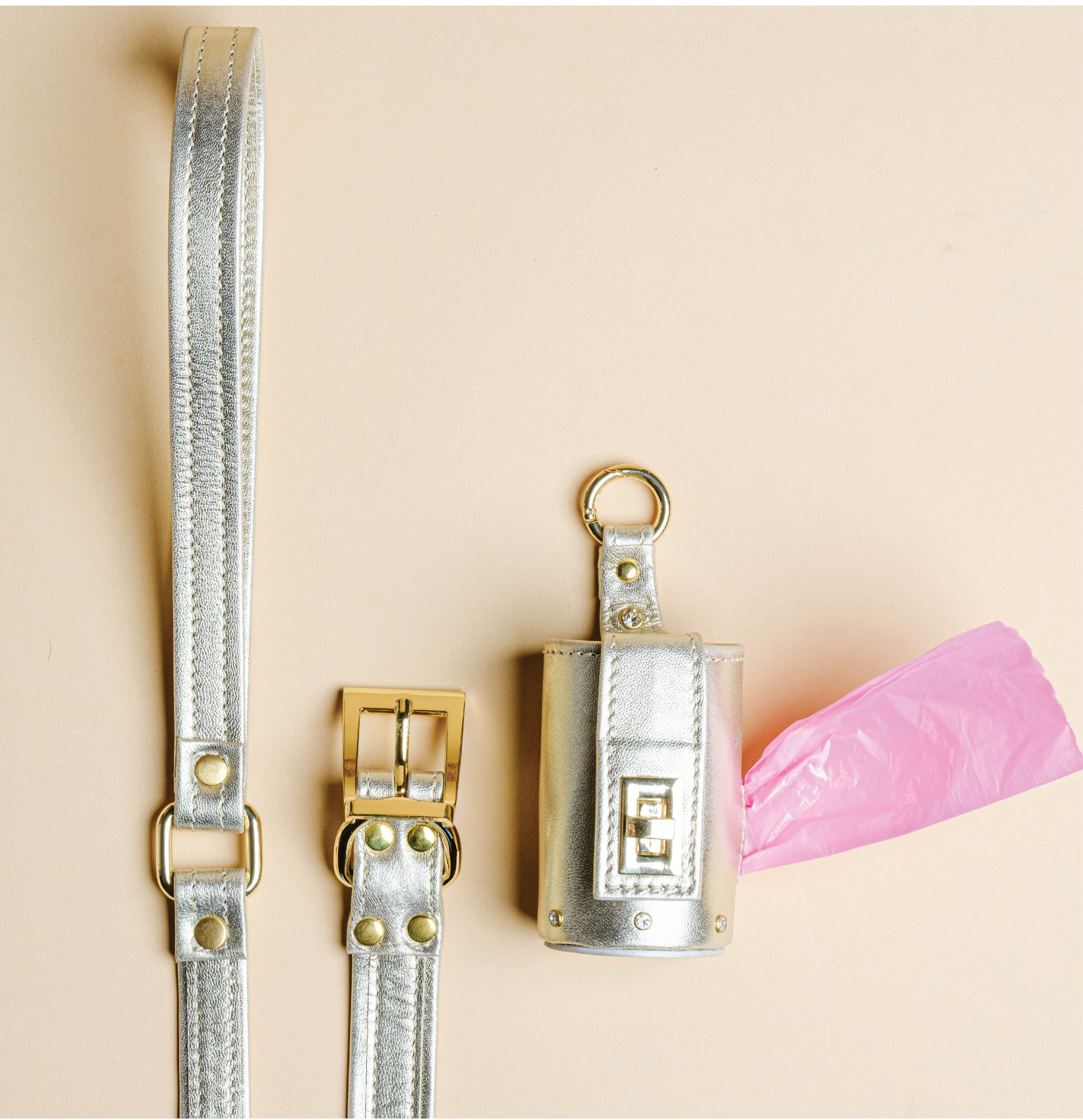 Dog Set Collar + Leather Leash ITALIAN Genuine LEATHER DOG COLLAR Gold Finish Hardware