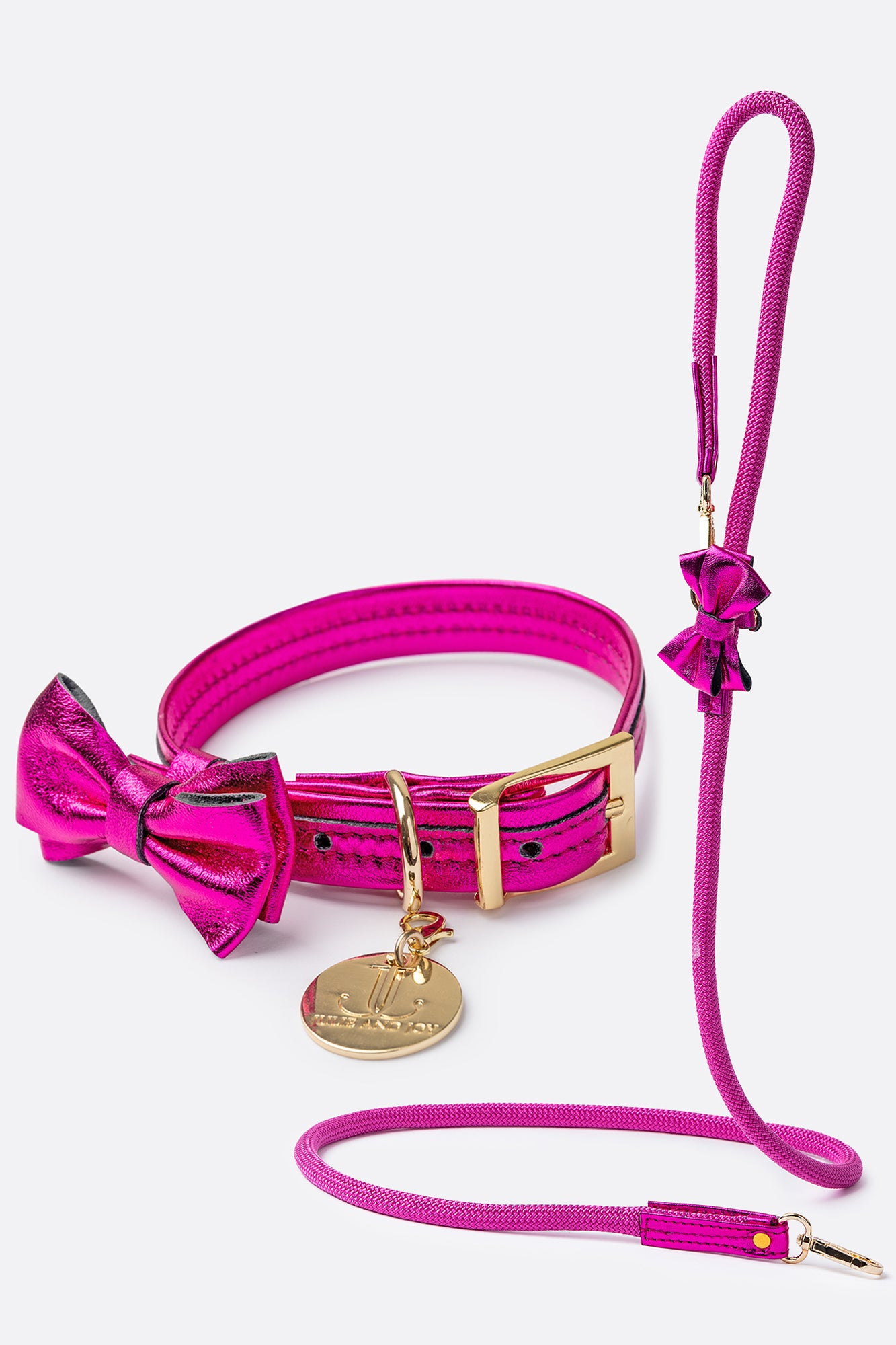 Dog Set Dog Collar + Leash Collar with a Bow ITALIAN Pink Leather HANDCRAFTED and Rope Leash Gold finish Hardware