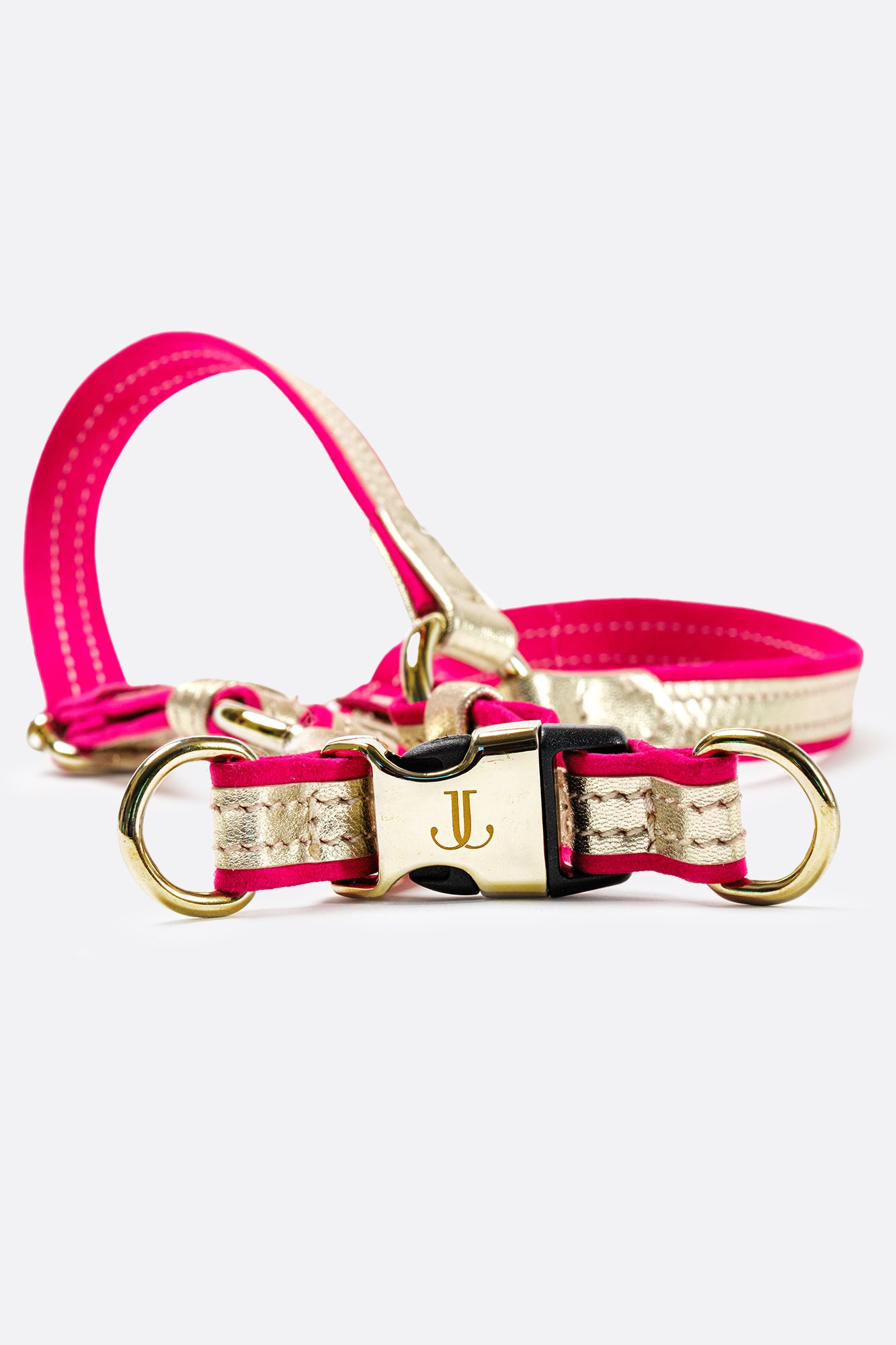 Dog Set Harness + Leash Fuchsia Italian Suede and GOLD LEATHER HARNESS For Dogs Suede Leash