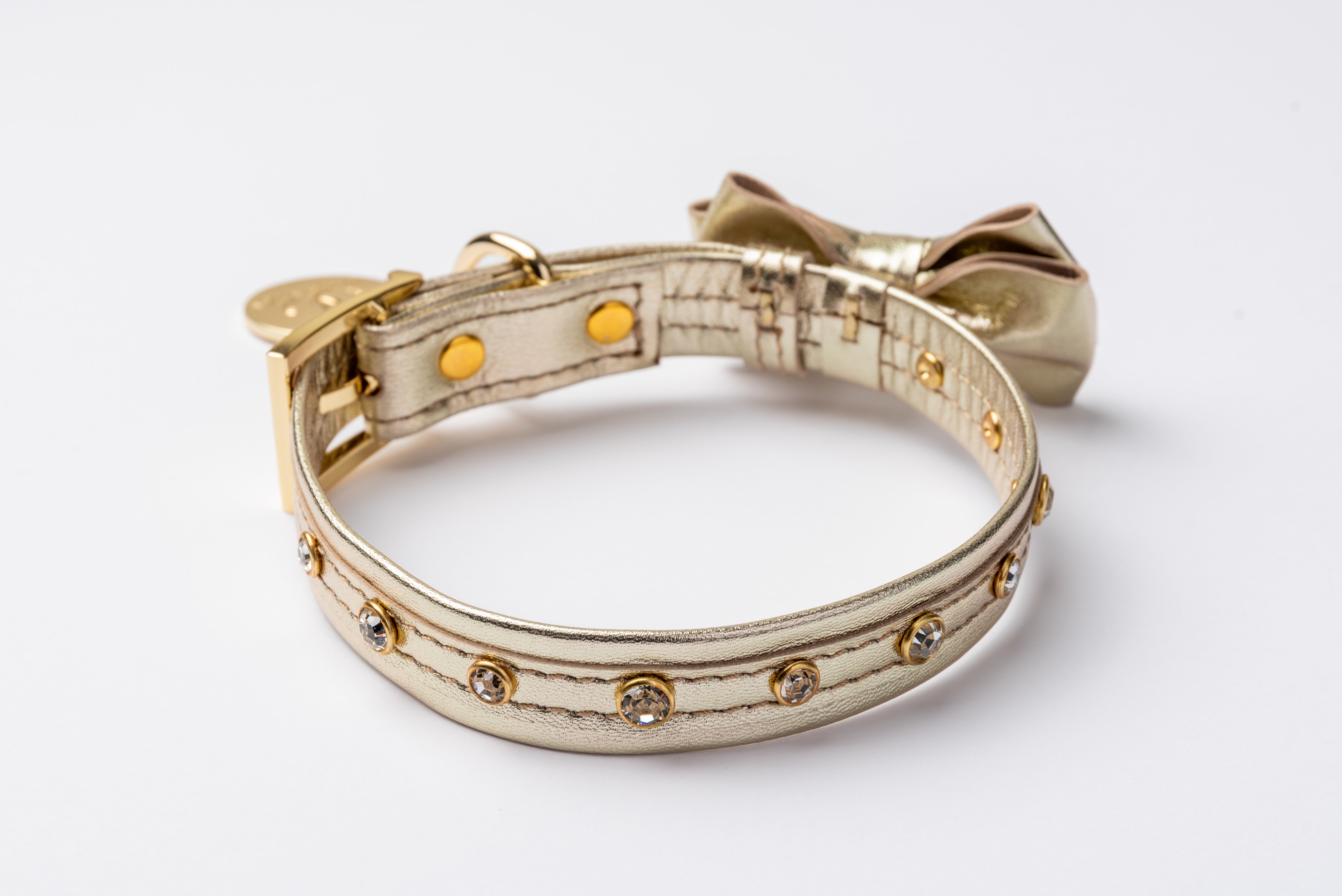 Dog Collar with a Bow ITALIAN Gold Leather HANDCRAFTED with crystals rivets Gold finish Hardware