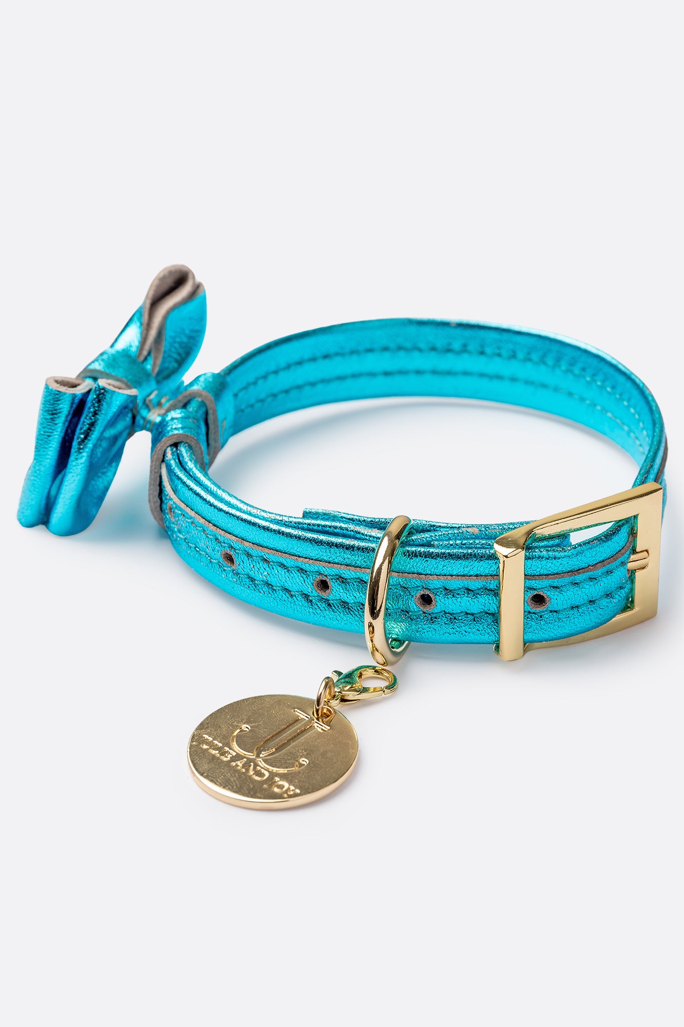 Dog Collar with a Bow ITALIAN Blue Leather HANDCRAFTED Gold finish Hardware