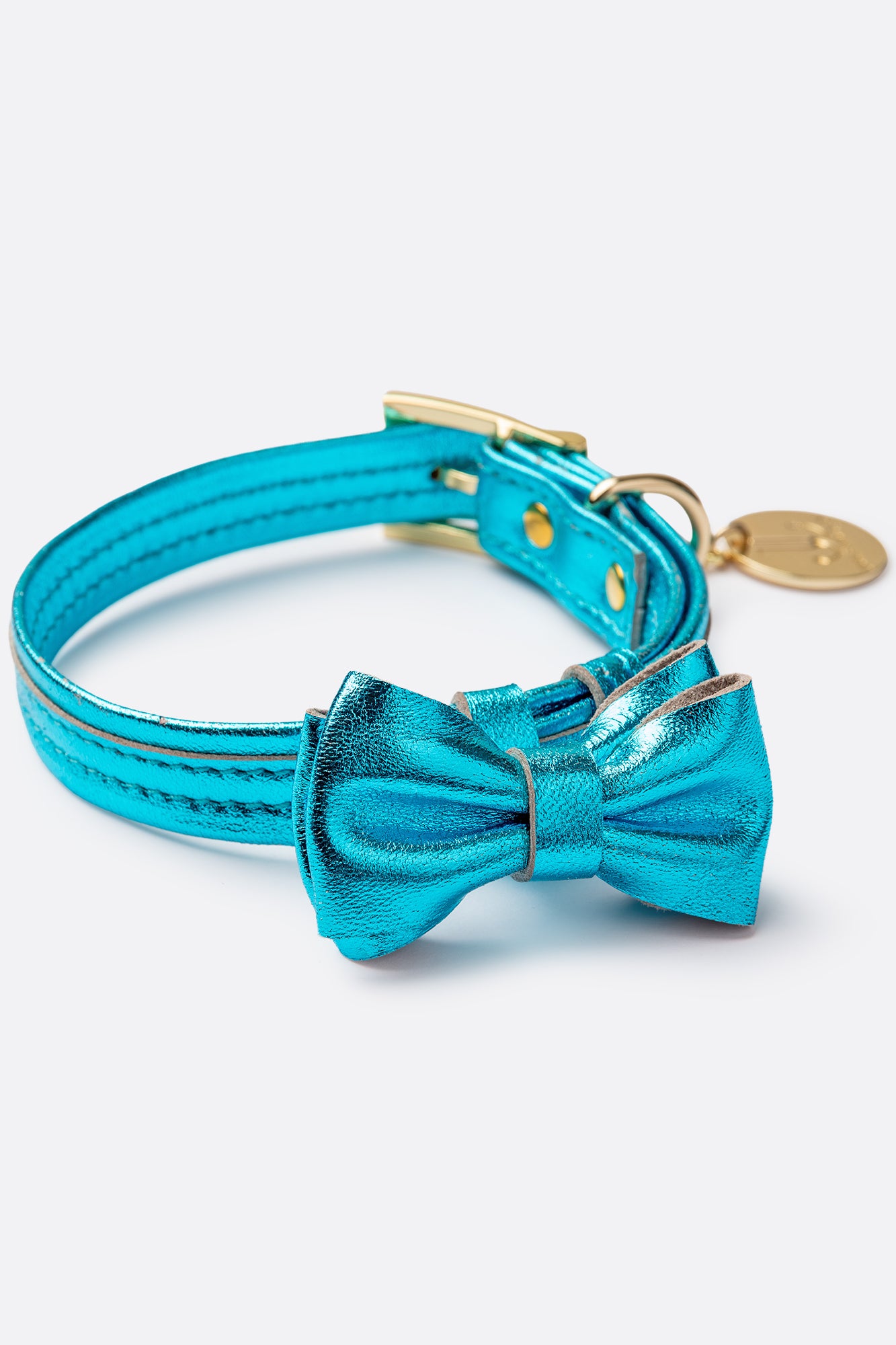 Dog Collar with a Bow ITALIAN Blue Leather HANDCRAFTED Gold finish Hardware