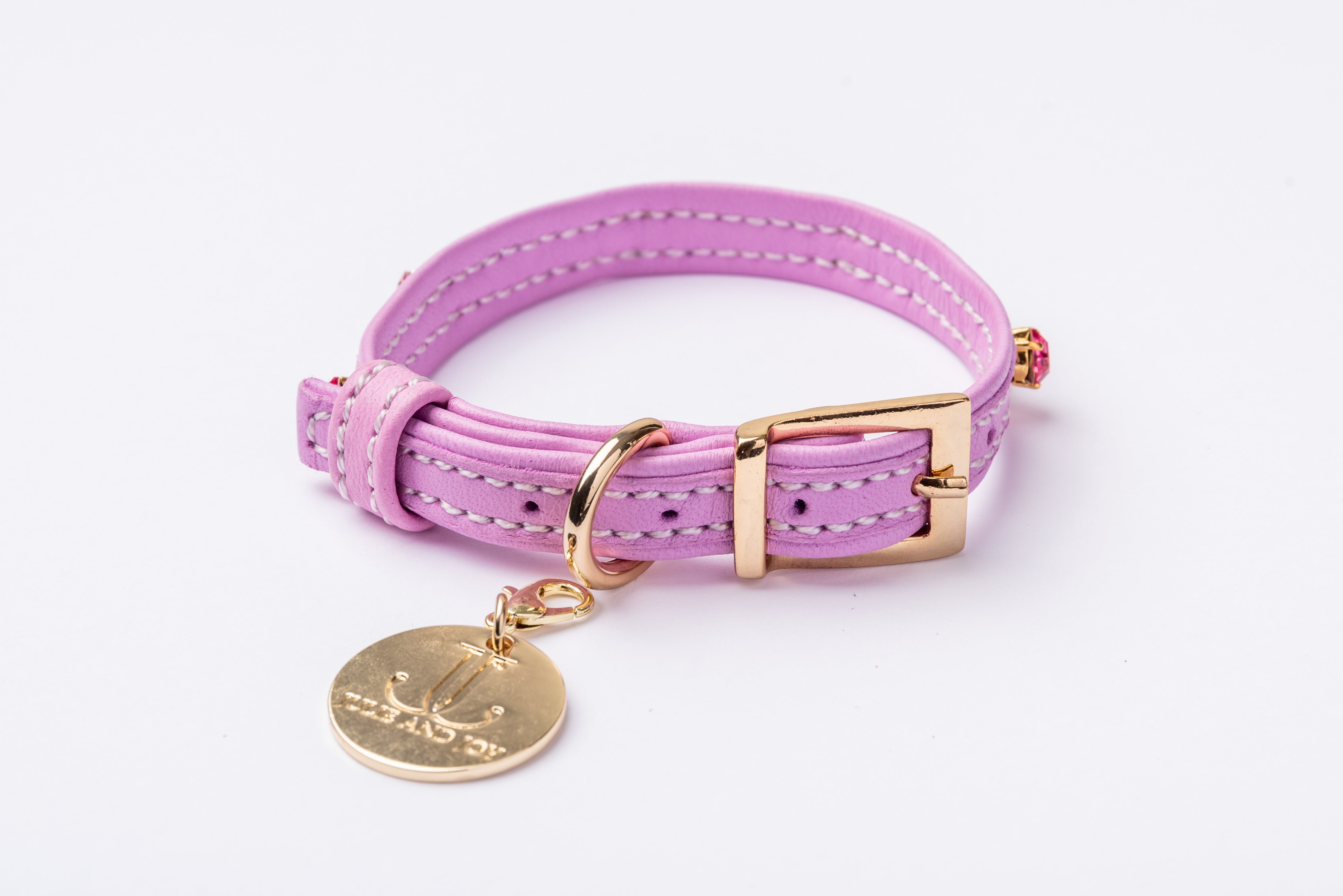 Dog Collar ITALIAN Lavender Leather Perfect Gift For Dog Owners –Luxury Genuine Leather And Hearts crystals Gold Finish Hardware Collar