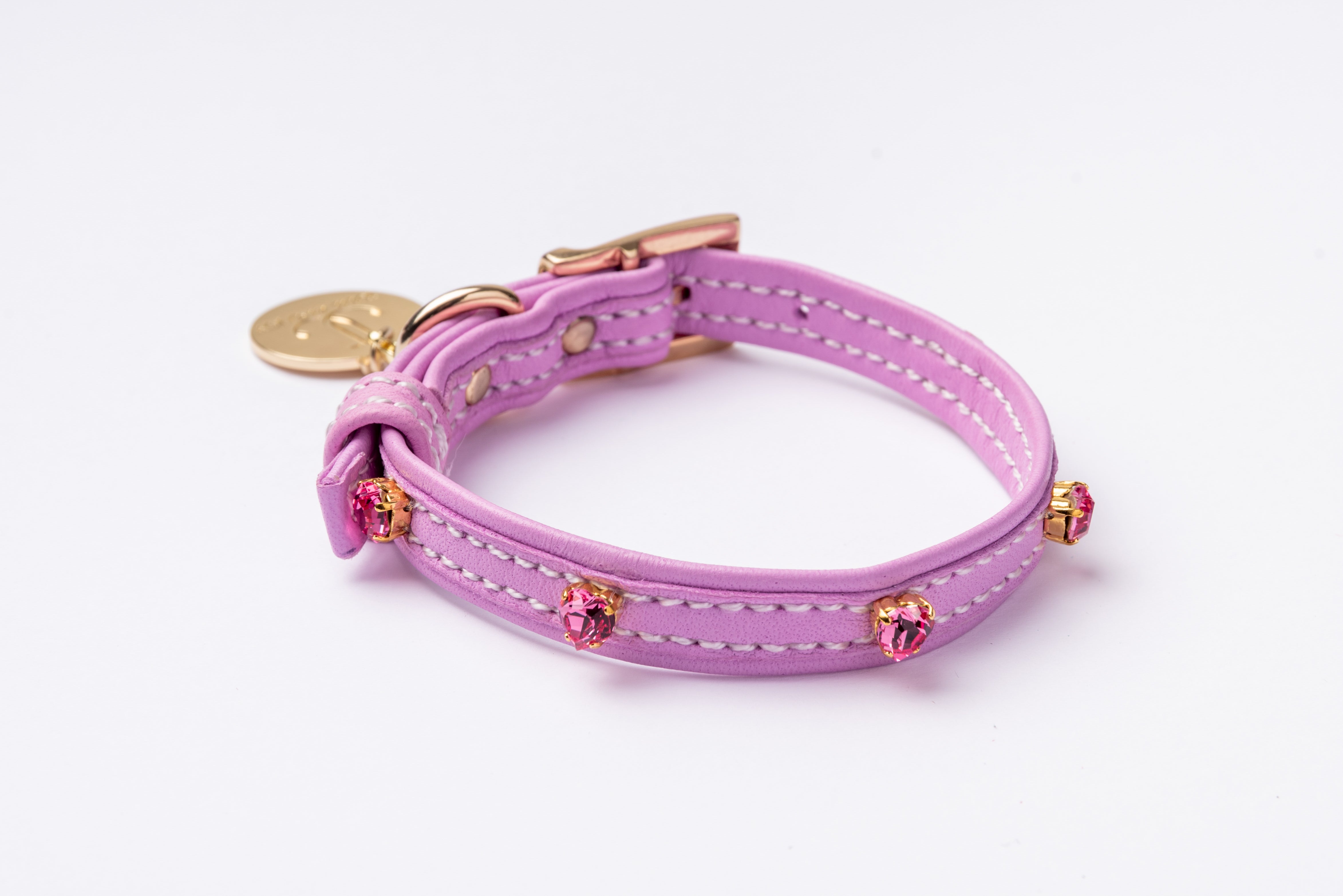 Dog Collar ITALIAN Lavender Leather Perfect Gift For Dog Owners –Luxury Genuine Leather And Hearts crystals Gold Finish Hardware Collar