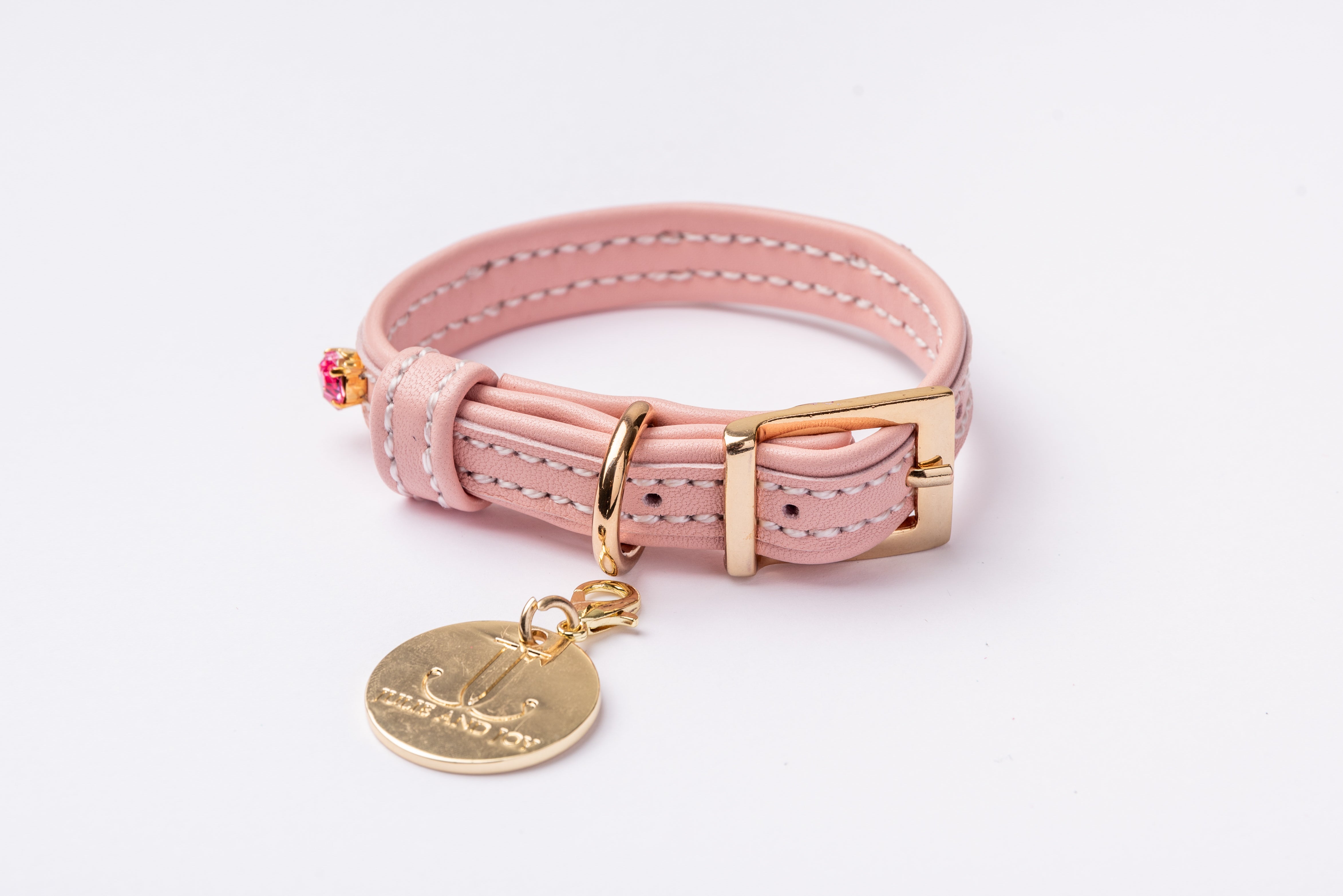 Dog Collar ITALIAN Light Pink Leather Perfect Gift For Dog Owners –Luxury Genuine Leather And Hearts crystals Gold Finish Hardware Collar