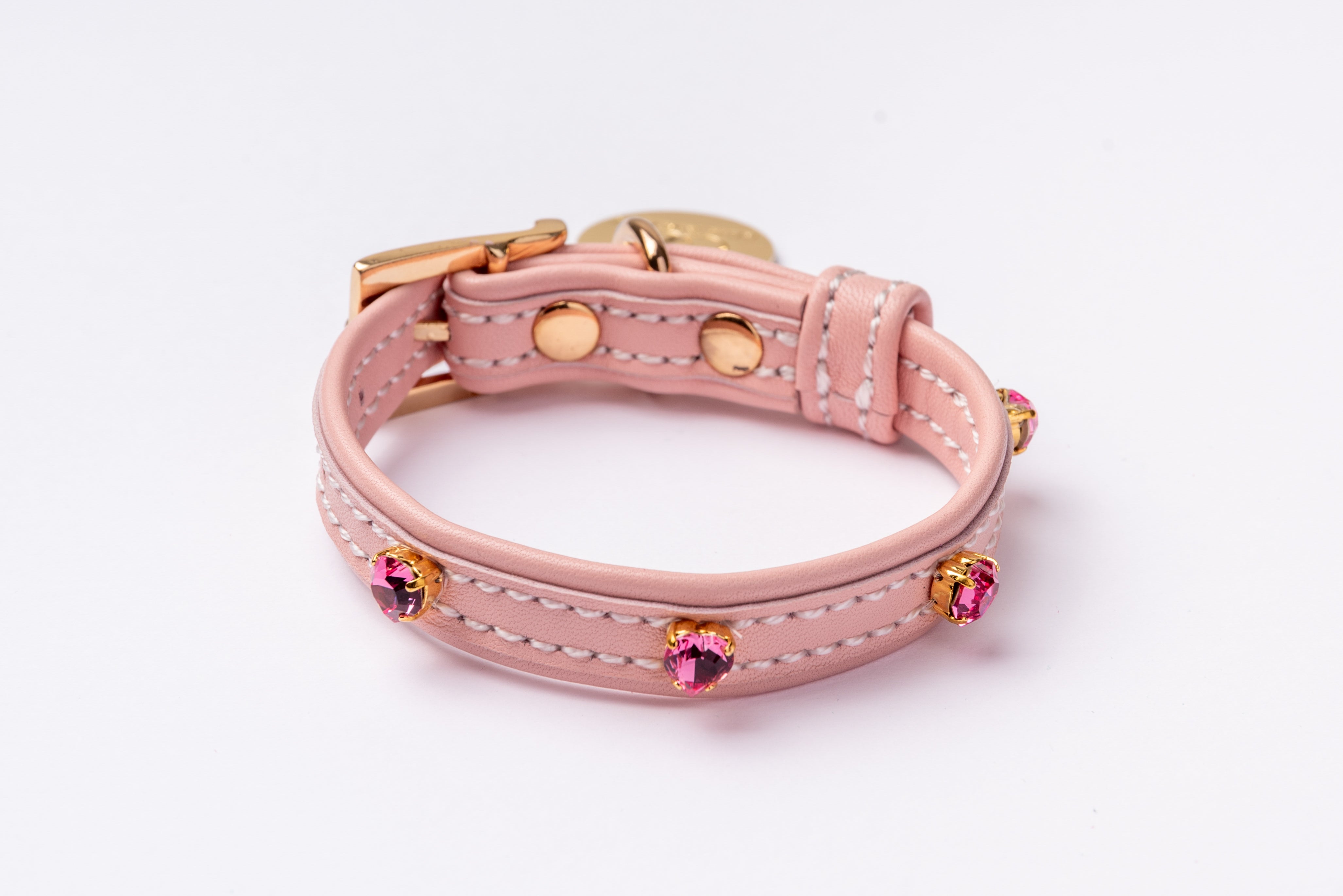 Dog Collar ITALIAN Light Pink Leather Perfect Gift For Dog Owners –Luxury Genuine Leather And Hearts crystals Gold Finish Hardware Collar