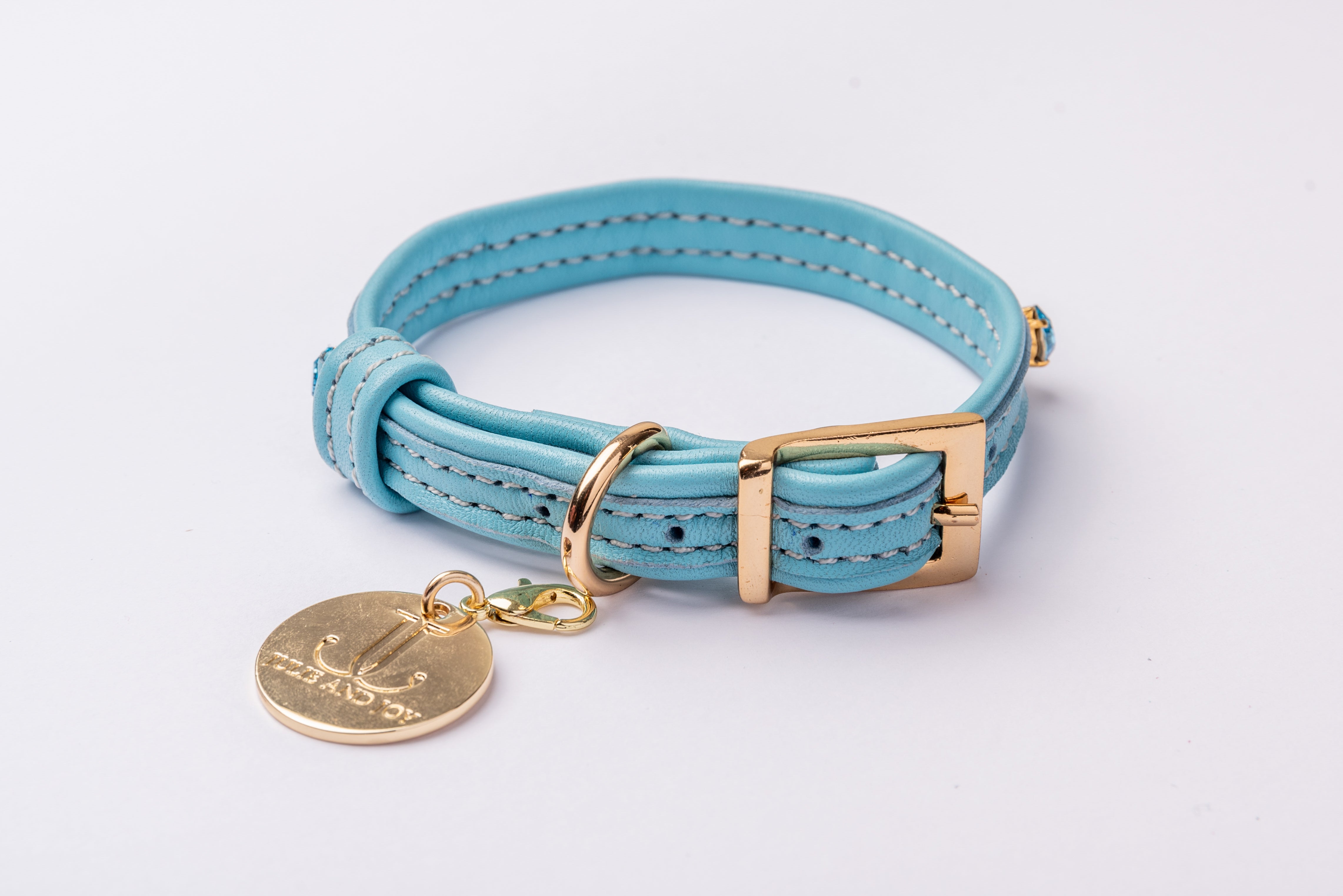 Dog Collar ITALIAN Blue Leather Perfect Gift For Dog Owners –Luxury Genuine Leather And Hearts crystals Gold Finish Hardware Collar