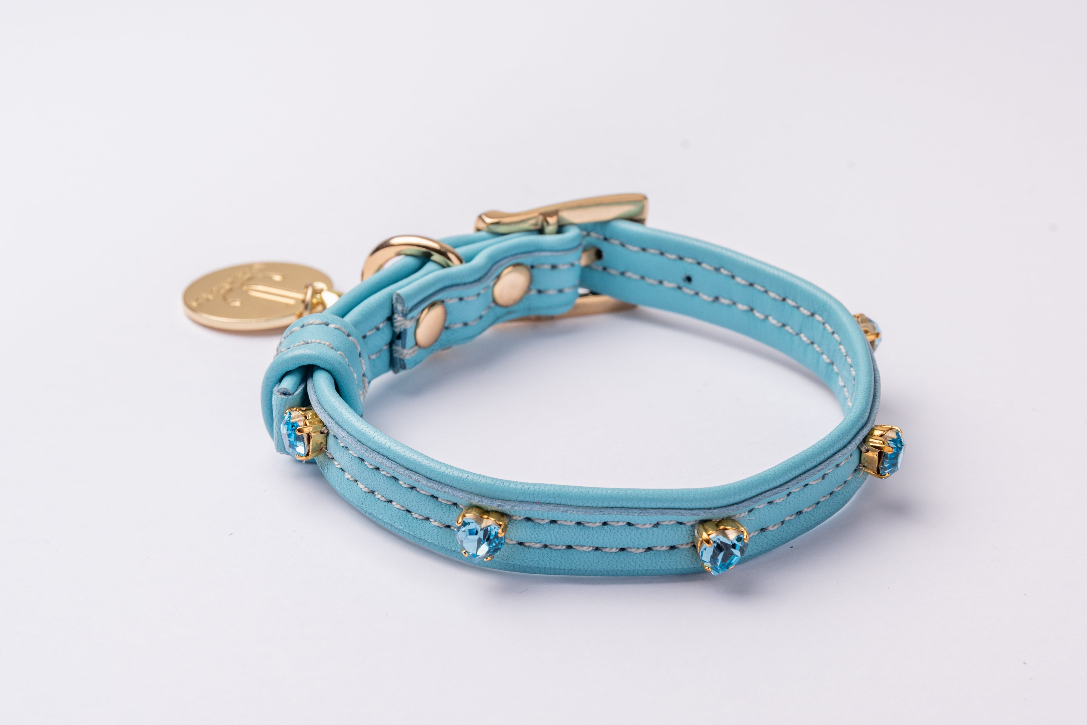 Dog Collar ITALIAN Blue Leather Perfect Gift For Dog Owners –Luxury Genuine Leather And Hearts crystals Gold Finish Hardware Collar