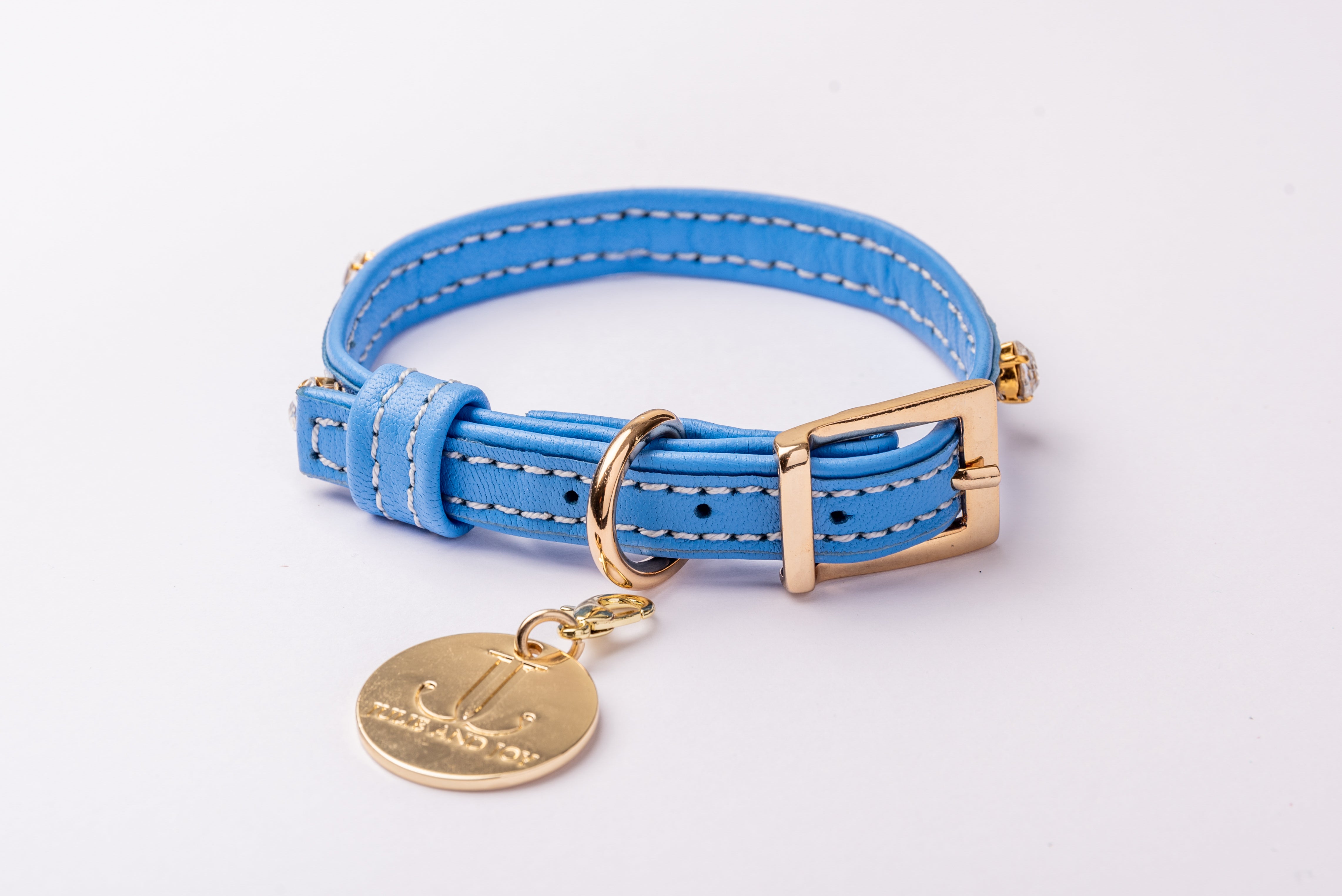 Dog Collar ITALIAN Electric Blue Leather Perfect Gift For Dog Owners –Luxury Genuine Leather And Hearts crystals Gold Finish Hardware Collar