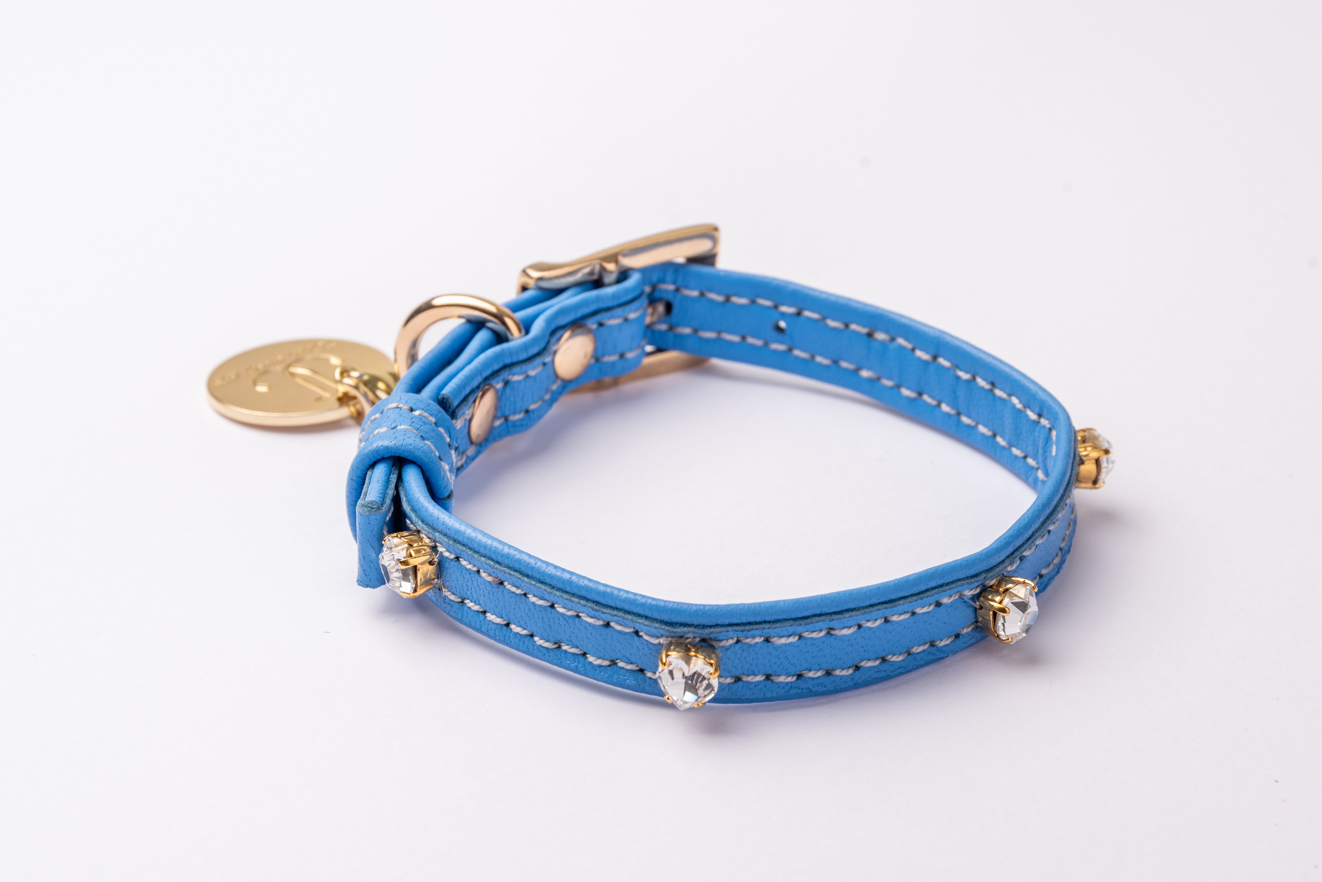 Dog Collar ITALIAN Electric Blue Leather Perfect Gift For Dog Owners –Luxury Genuine Leather And Hearts crystals Gold Finish Hardware Collar