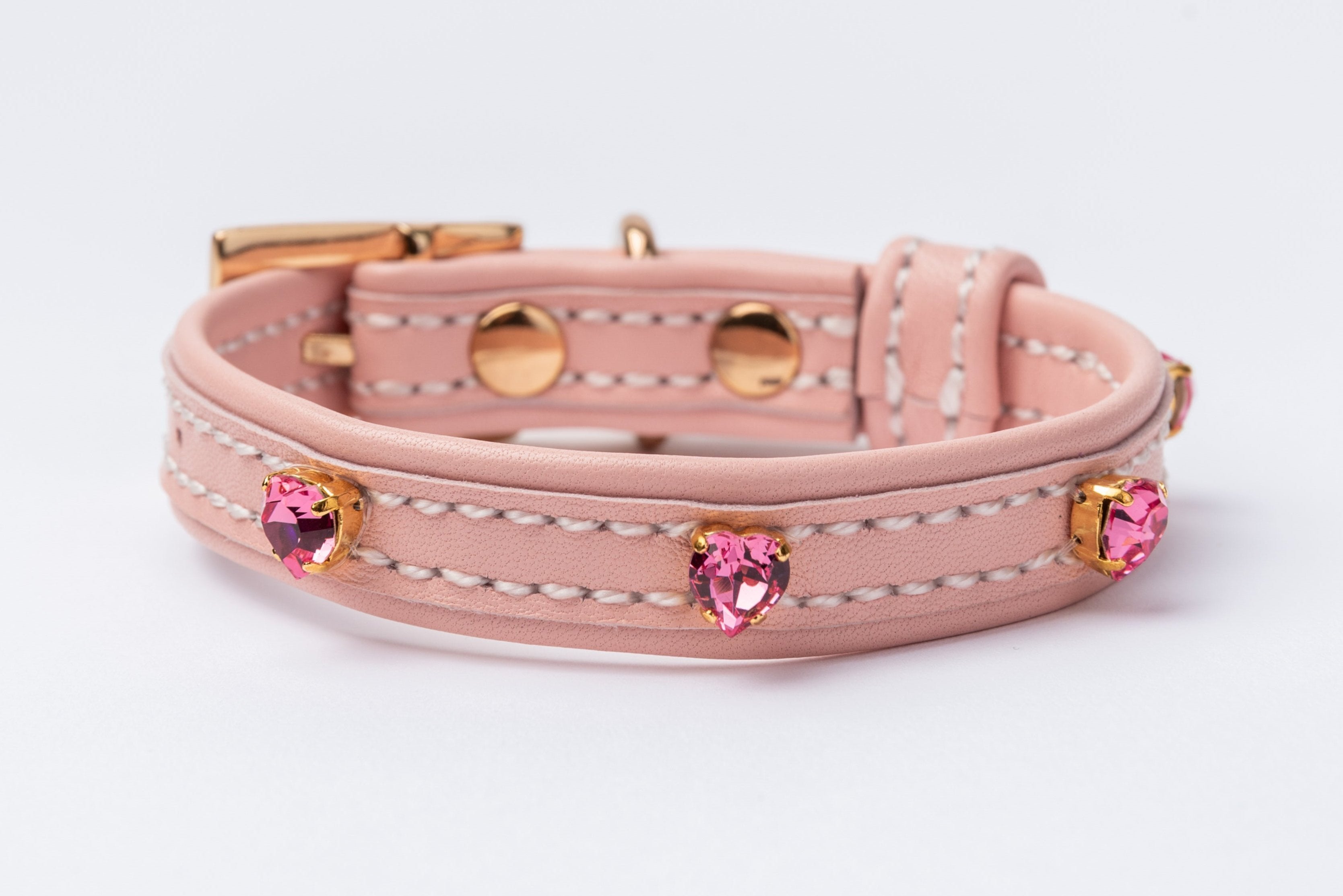 Dog Collar ITALIAN Light Pink Leather Perfect Gift For Dog Owners –Luxury Genuine Leather And Hearts crystals Gold Finish Hardware Collar