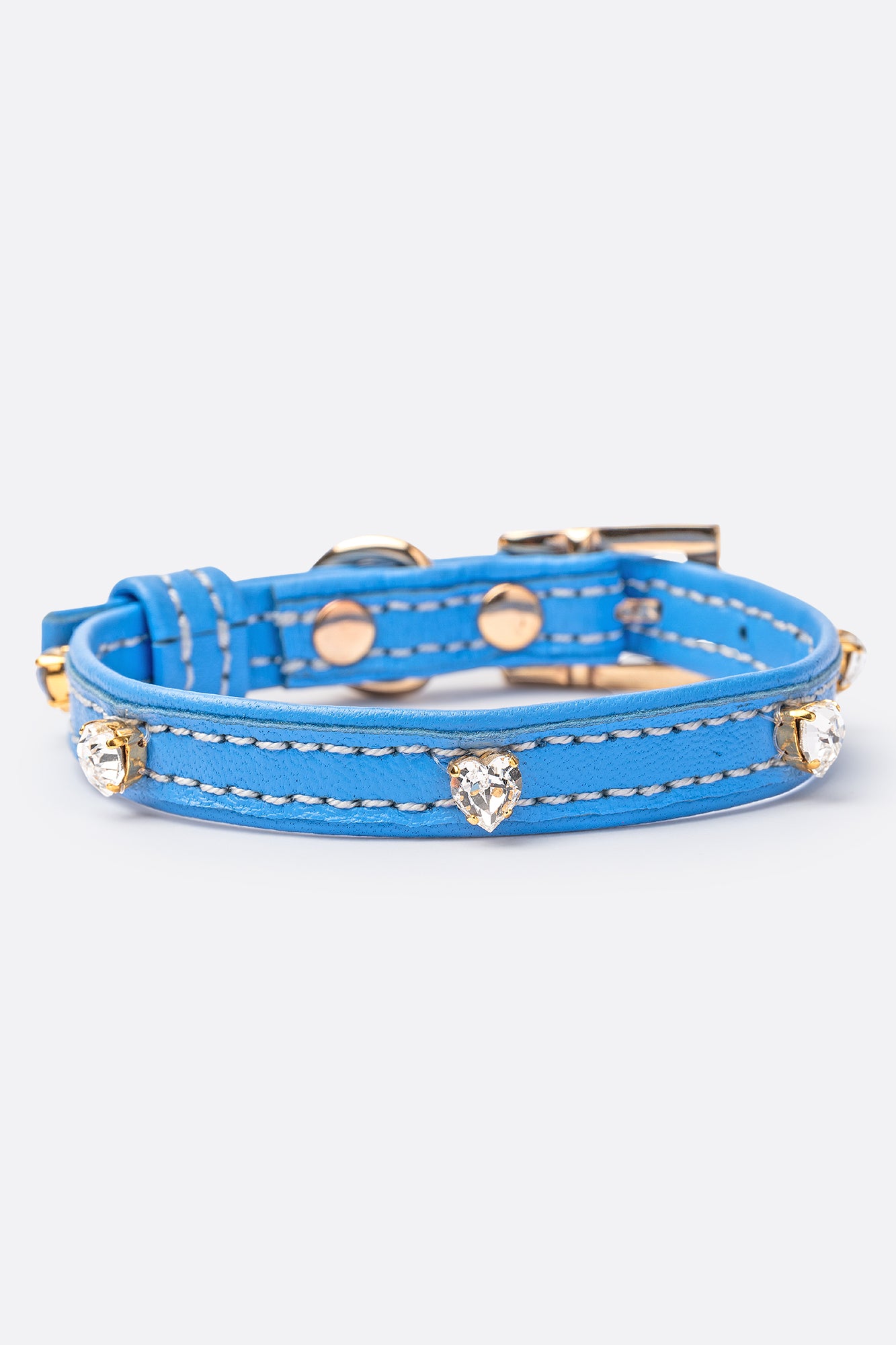 Dog Collar ITALIAN Electric Blue Leather Perfect Gift For Dog Owners –Luxury Genuine Leather And Hearts crystals Gold Finish Hardware Collar