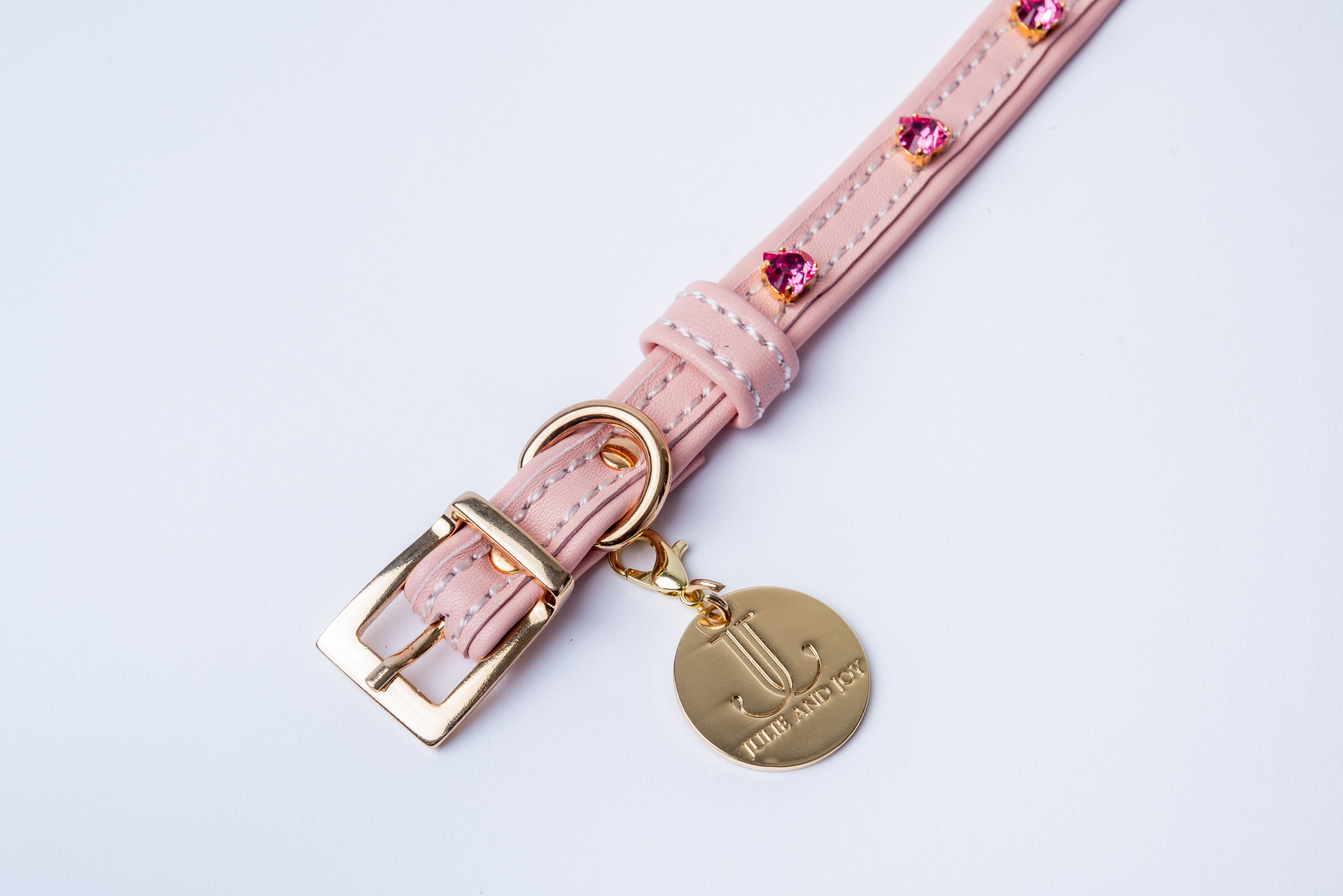 Dog Collar ITALIAN Light Pink Leather Perfect Gift For Dog Owners –Luxury Genuine Leather And Hearts crystals Gold Finish Hardware Collar