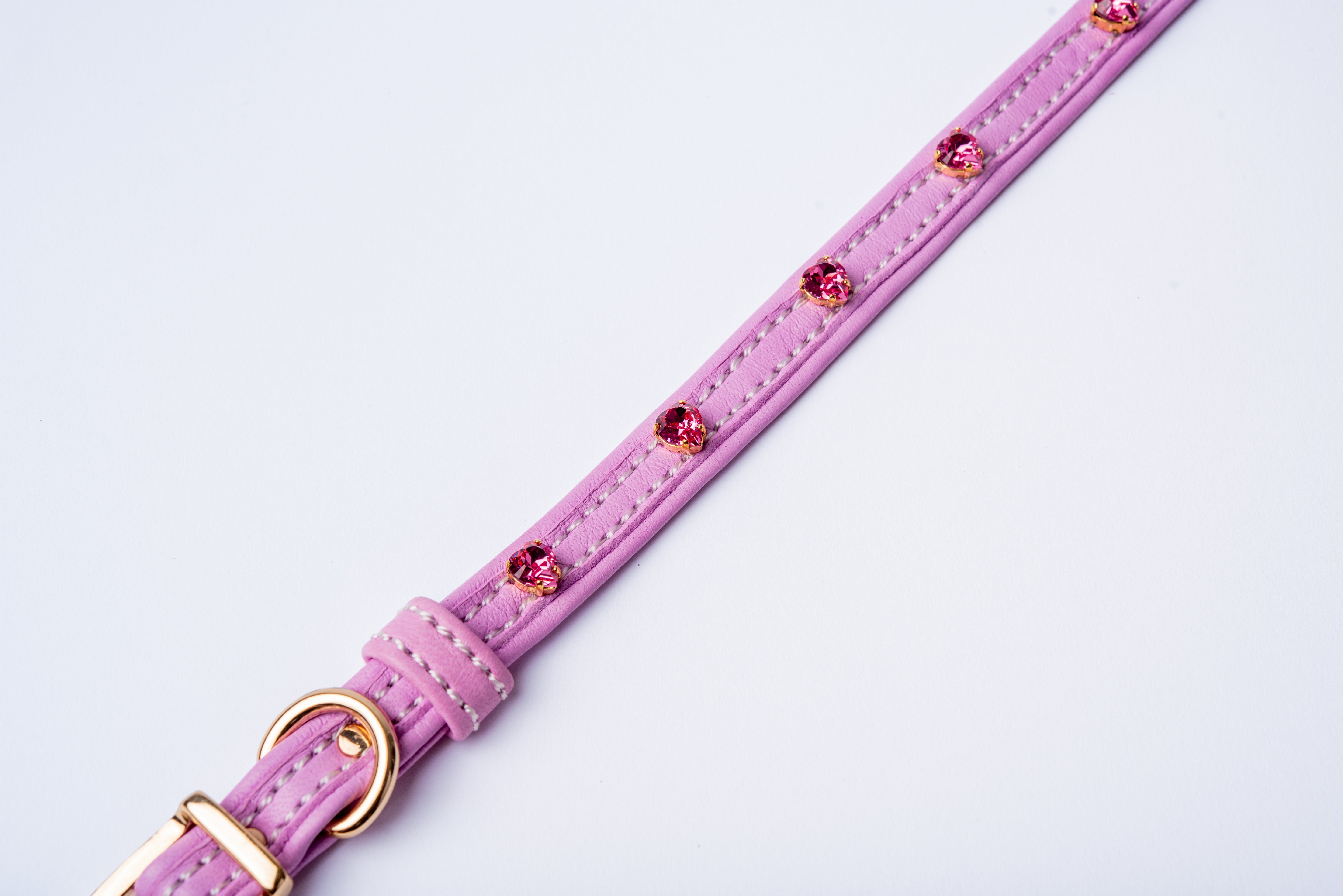 Dog Collar ITALIAN Lavender Leather Perfect Gift For Dog Owners –Luxury Genuine Leather And Hearts crystals Gold Finish Hardware Collar