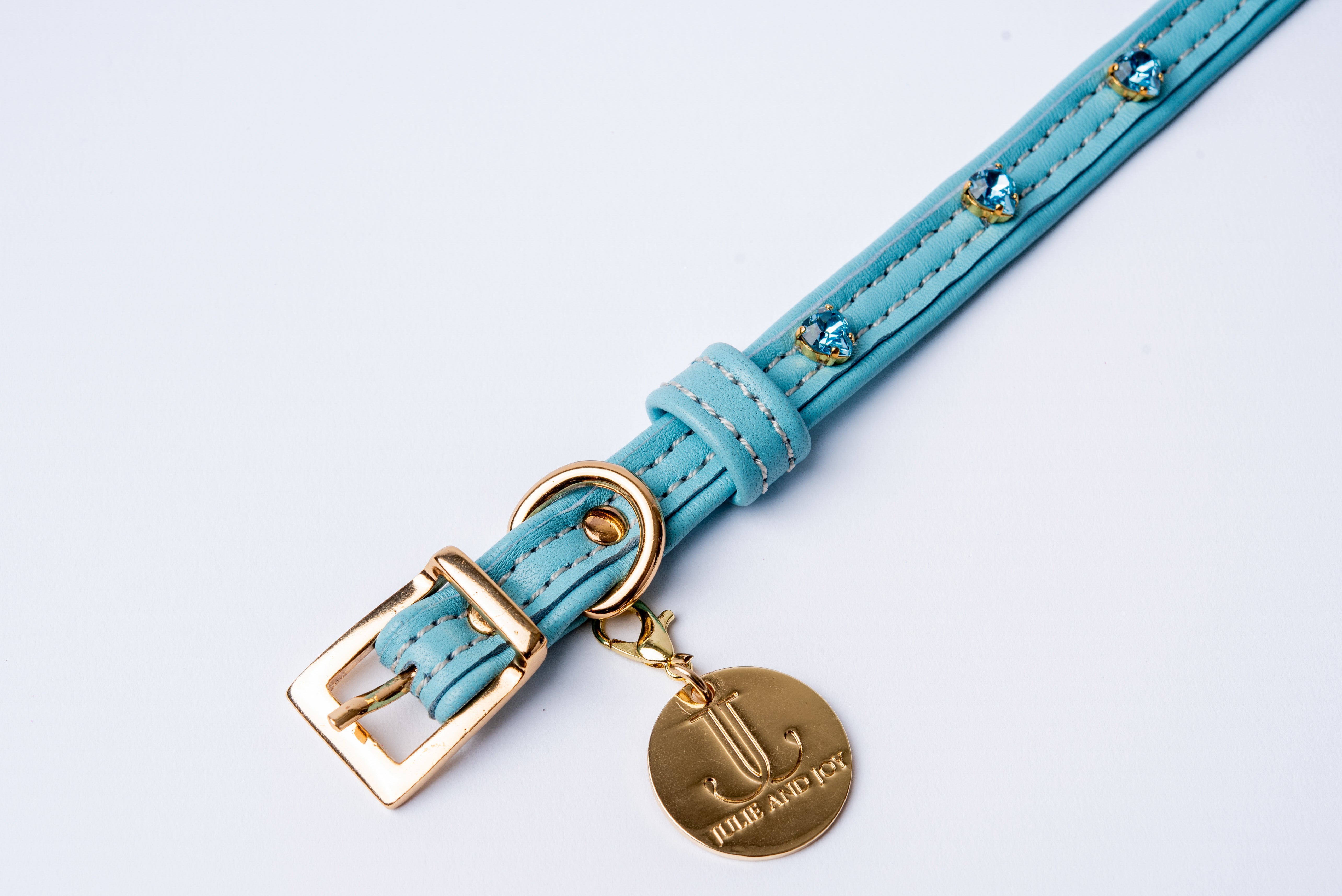 Dog Collar ITALIAN Blue Leather Perfect Gift For Dog Owners –Luxury Genuine Leather And Hearts crystals Gold Finish Hardware Collar