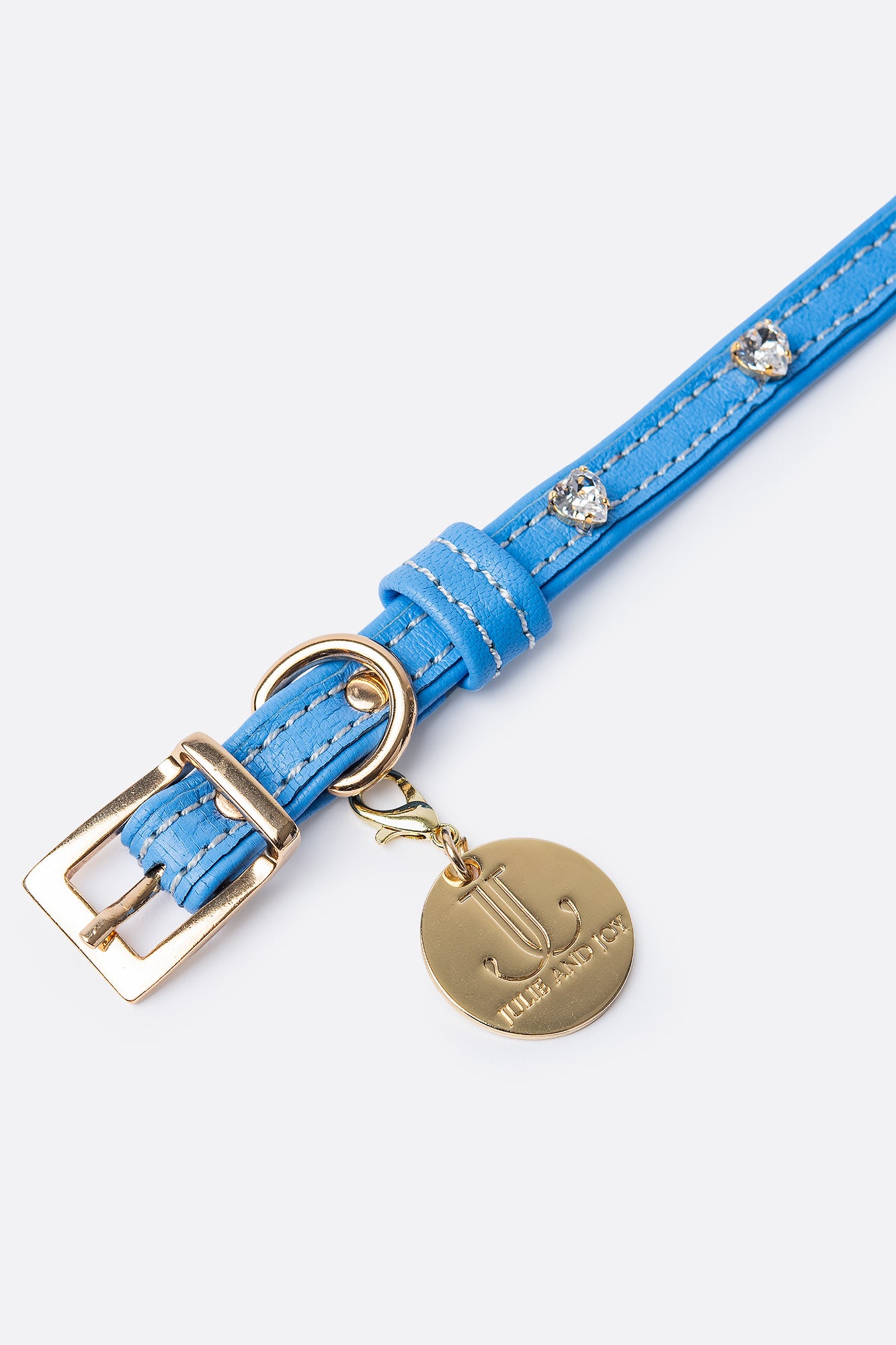 Dog Collar ITALIAN Electric Blue Leather Perfect Gift For Dog Owners –Luxury Genuine Leather And Hearts crystals Gold Finish Hardware Collar