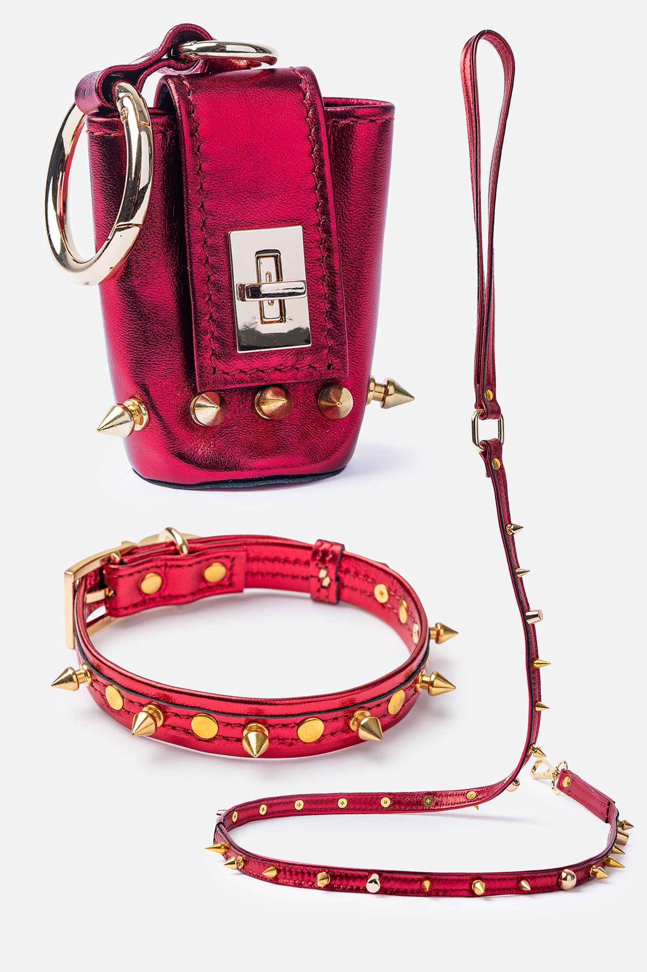 Dog Set: Collar, Leash, Waste Bag Carrier Red ITALIAN Genuine Leather Dog Collar Spiked Handcrafted Gold finish Hardware