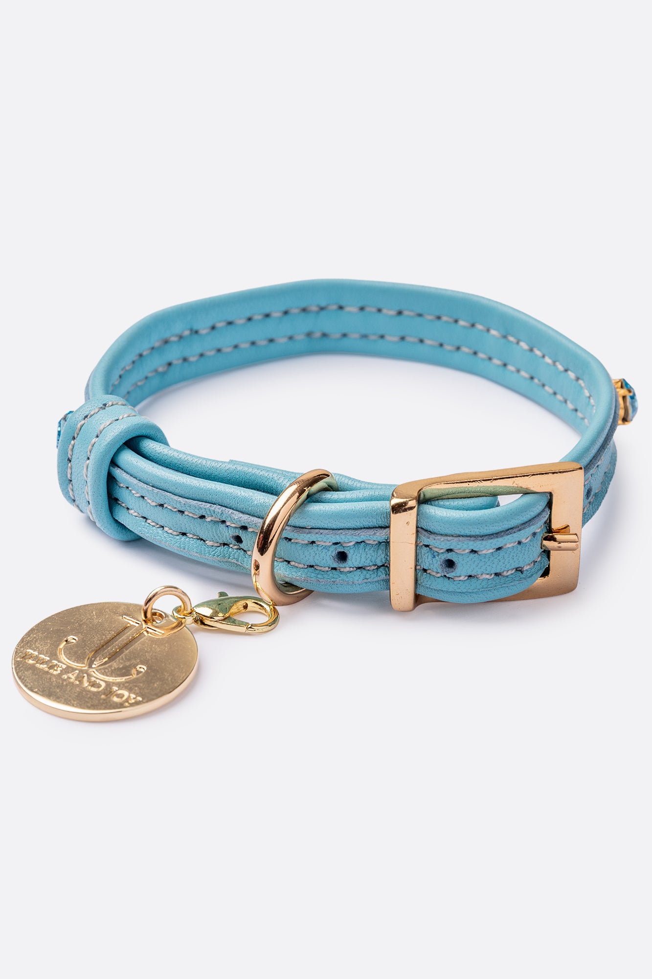 Dog Collar ITALIAN Blue Leather Perfect Gift For Dog Owners –Luxury Genuine Leather And Hearts crystals Gold Finish Hardware Collar