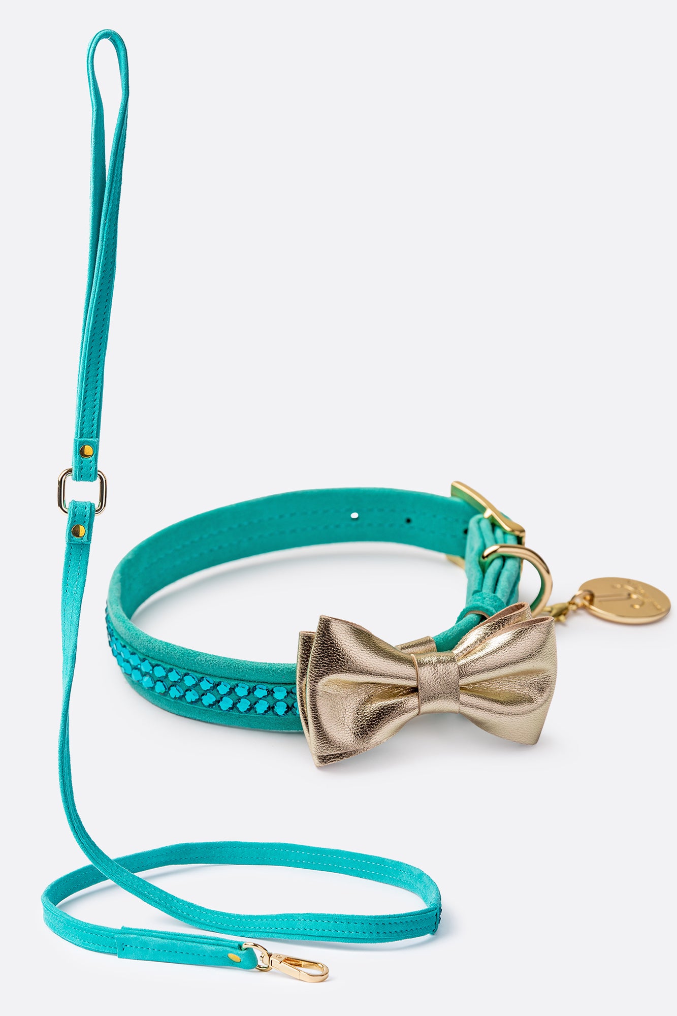 Dog Set Collar + Leash Blue ITALIAN Suede Dog Collar with Austrian crystals “Preciosa” and a bow