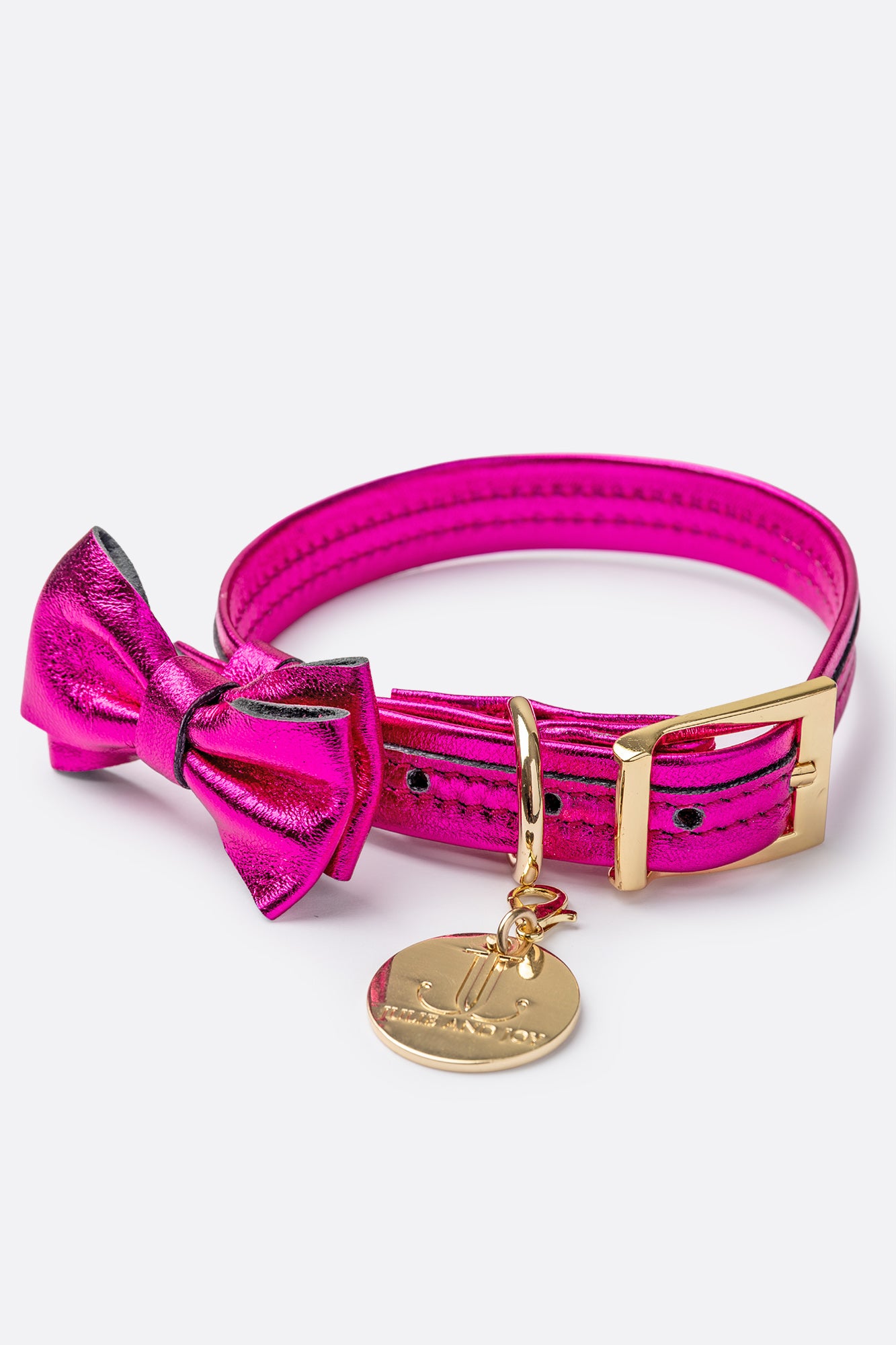 Dog Collar with a Bow ITALIAN Pink Leather HANDCRAFTED Gold finish Hardware