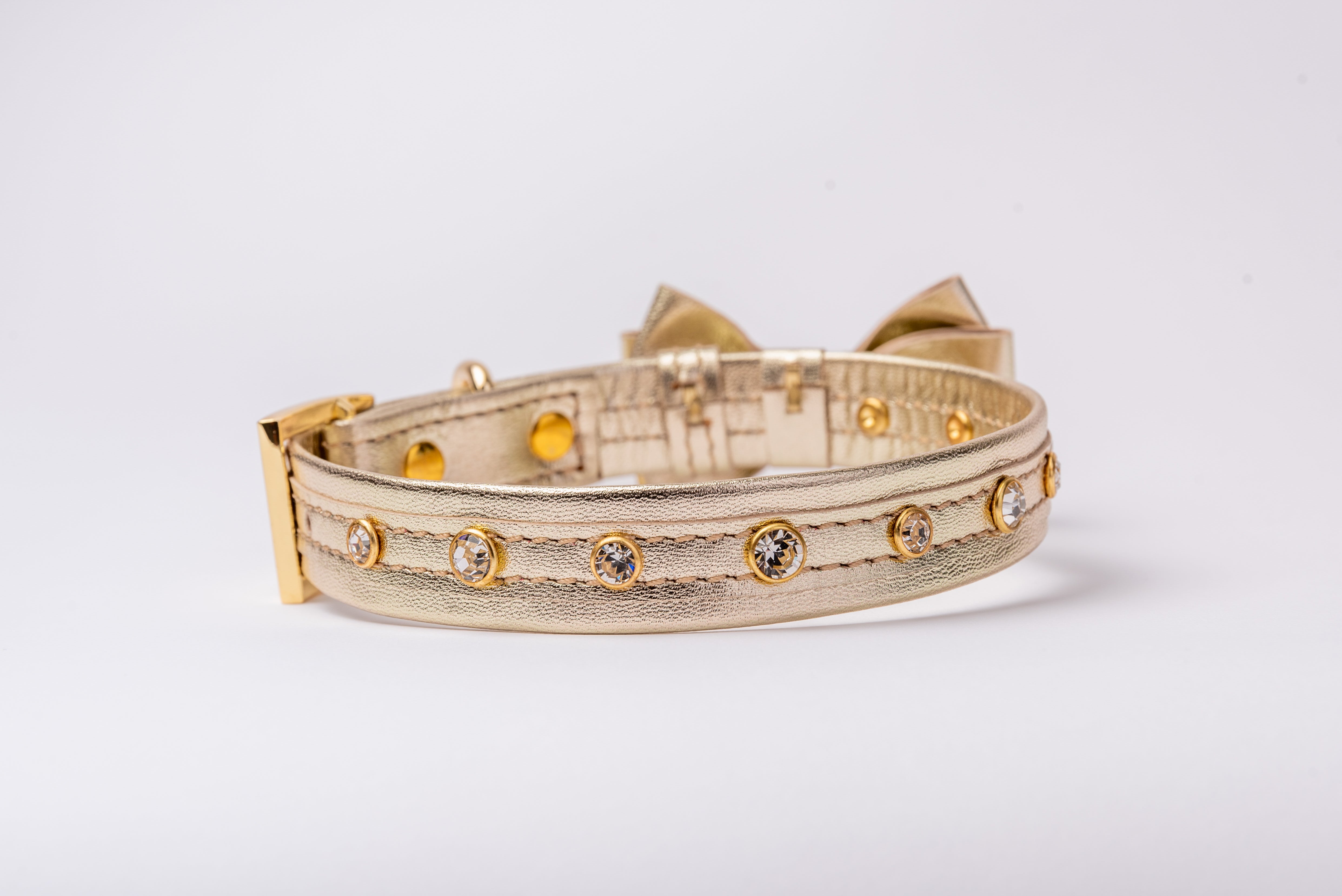 Dog Collar with a Bow ITALIAN Gold Leather HANDCRAFTED with crystals rivets Gold finish Hardware