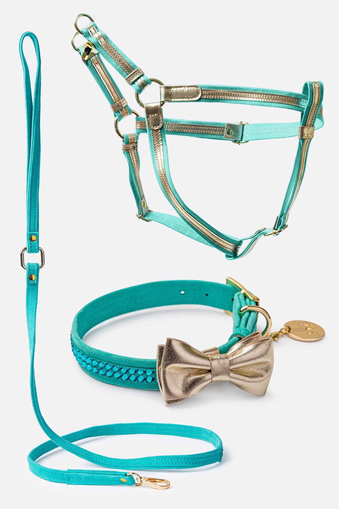 Dog Set Collar+ Harness + Leash 4 FEET Harness Italian gold leather + turquoise suede Gold finish hardware