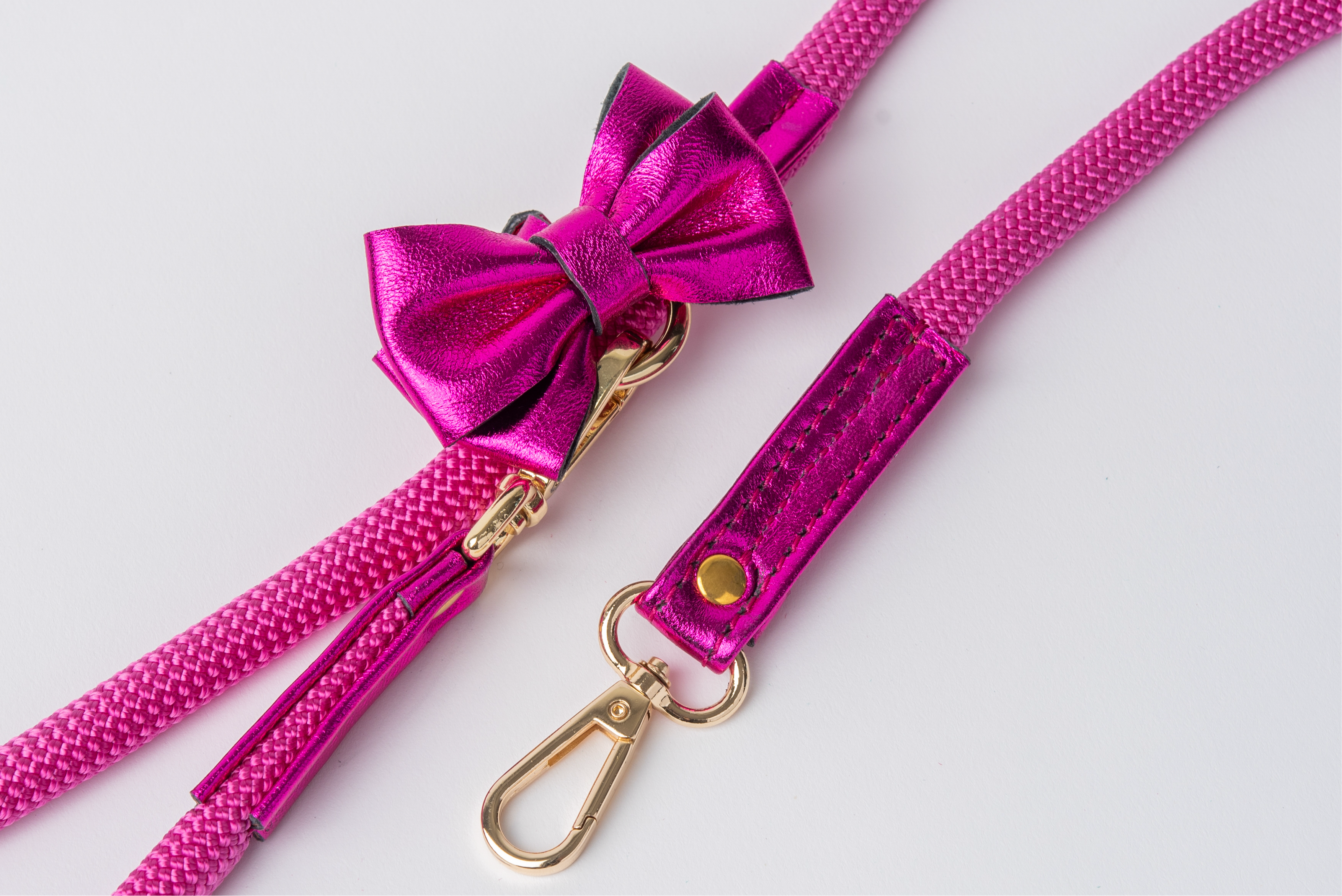 Pink Rope LEASH For Dogs with ITALIAN Genuine Leather Bow Handcrafted Gold Hardware