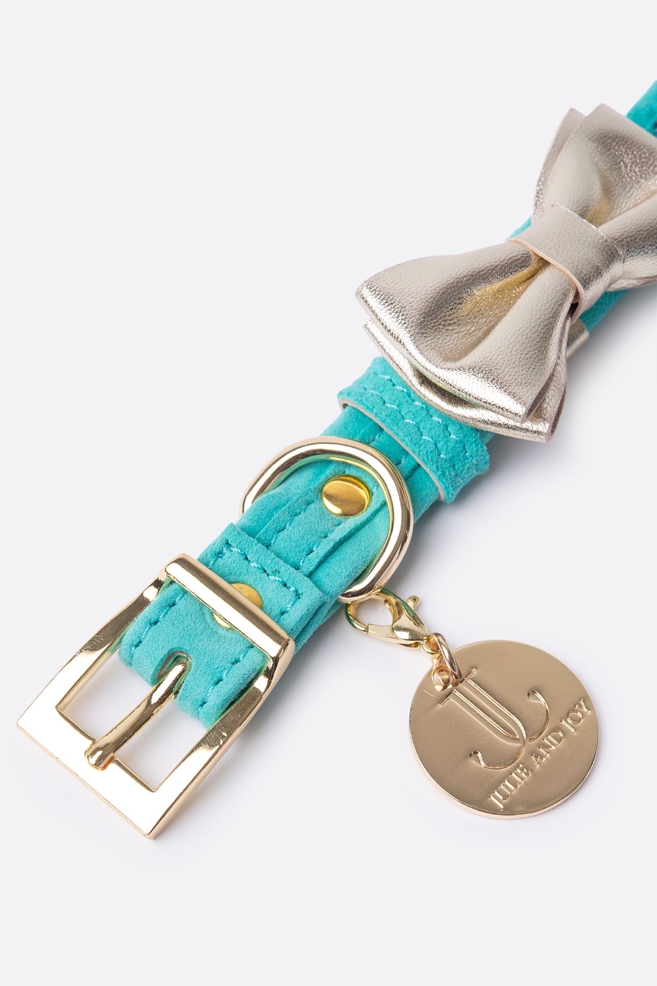 Turquoise ITALIAN Suede Dog Collar with Austrian “Preciosa” crystals and a bow