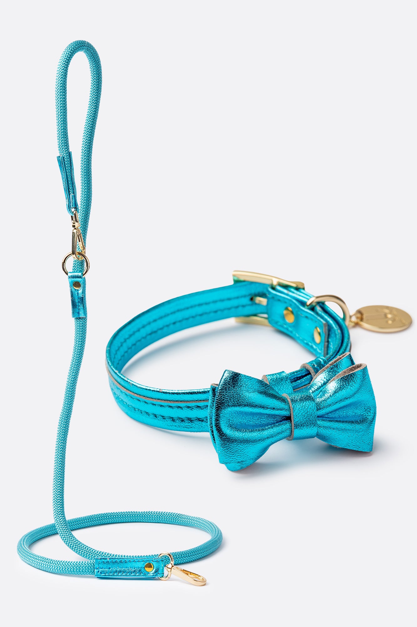 Dog Set Collar + Rope Leash Dog Collar with a Bow ITALIAN Blue Leather HANDCRAFTED Gold finish Hardware Rope Leash