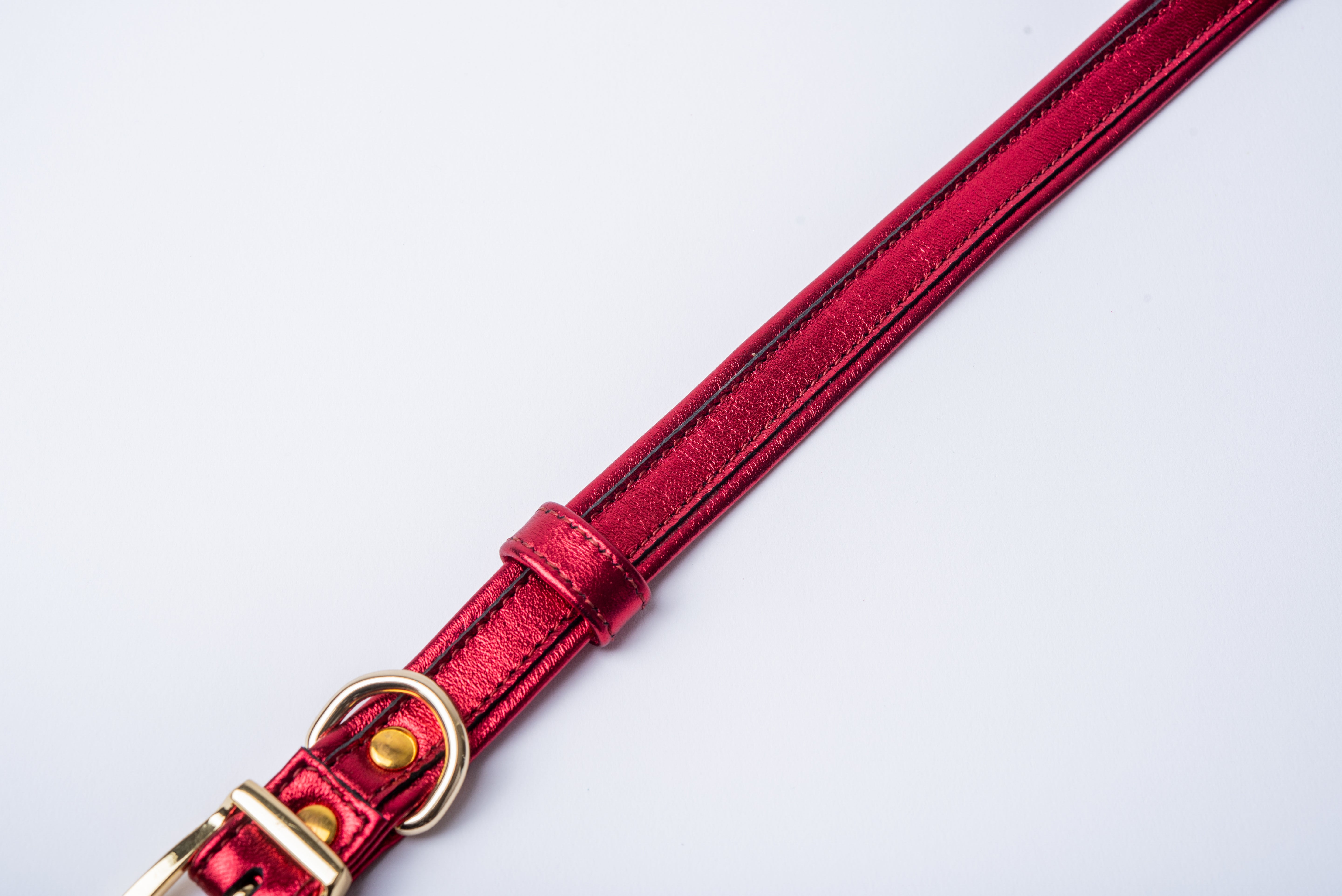 Red ITALIAN Leather Dog Collar Handcrafted Gold Hardware