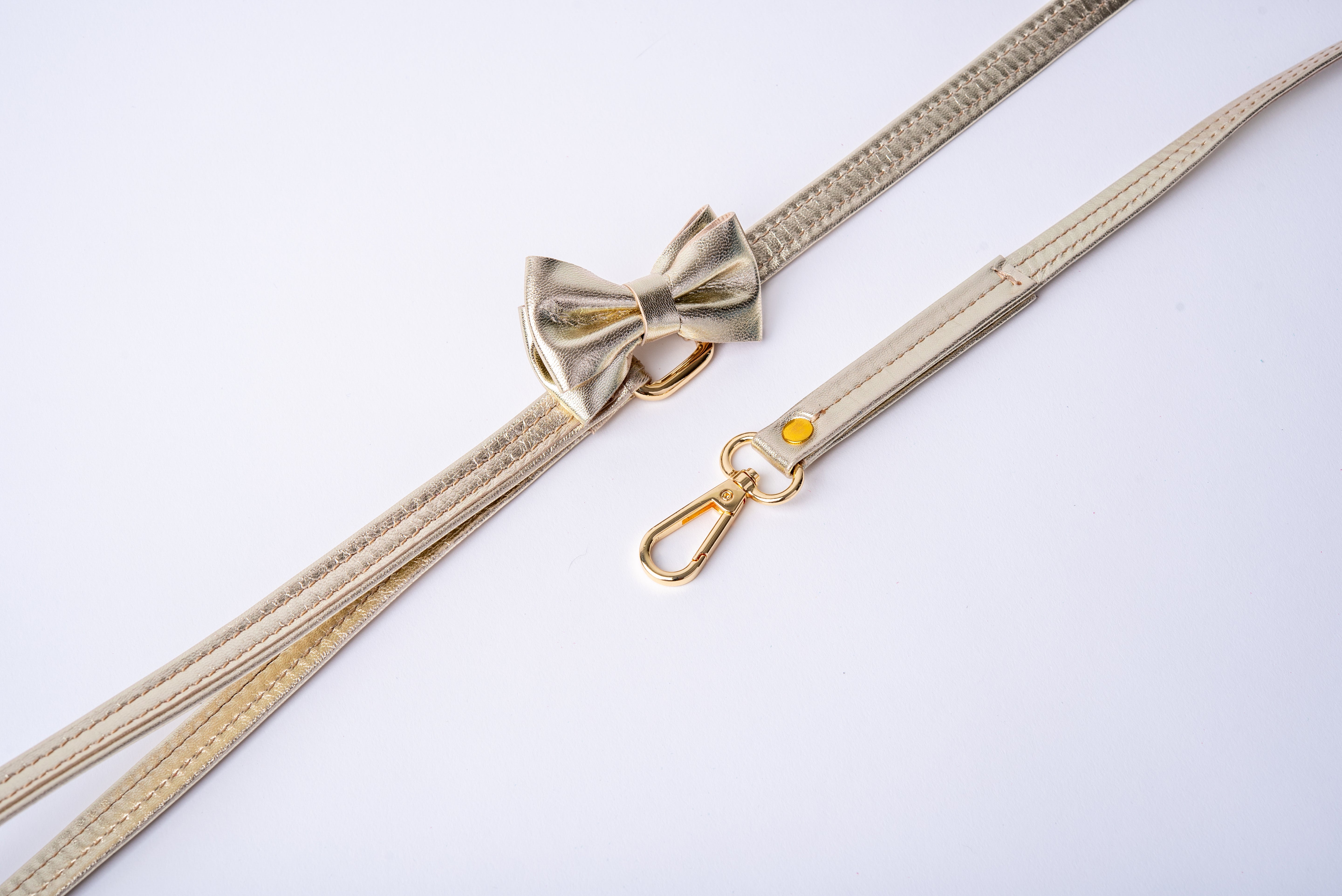 ITALIAN Genuine Gold LEATHER LEASH For Dogs Handcrafted with a Bow Gold Hardware