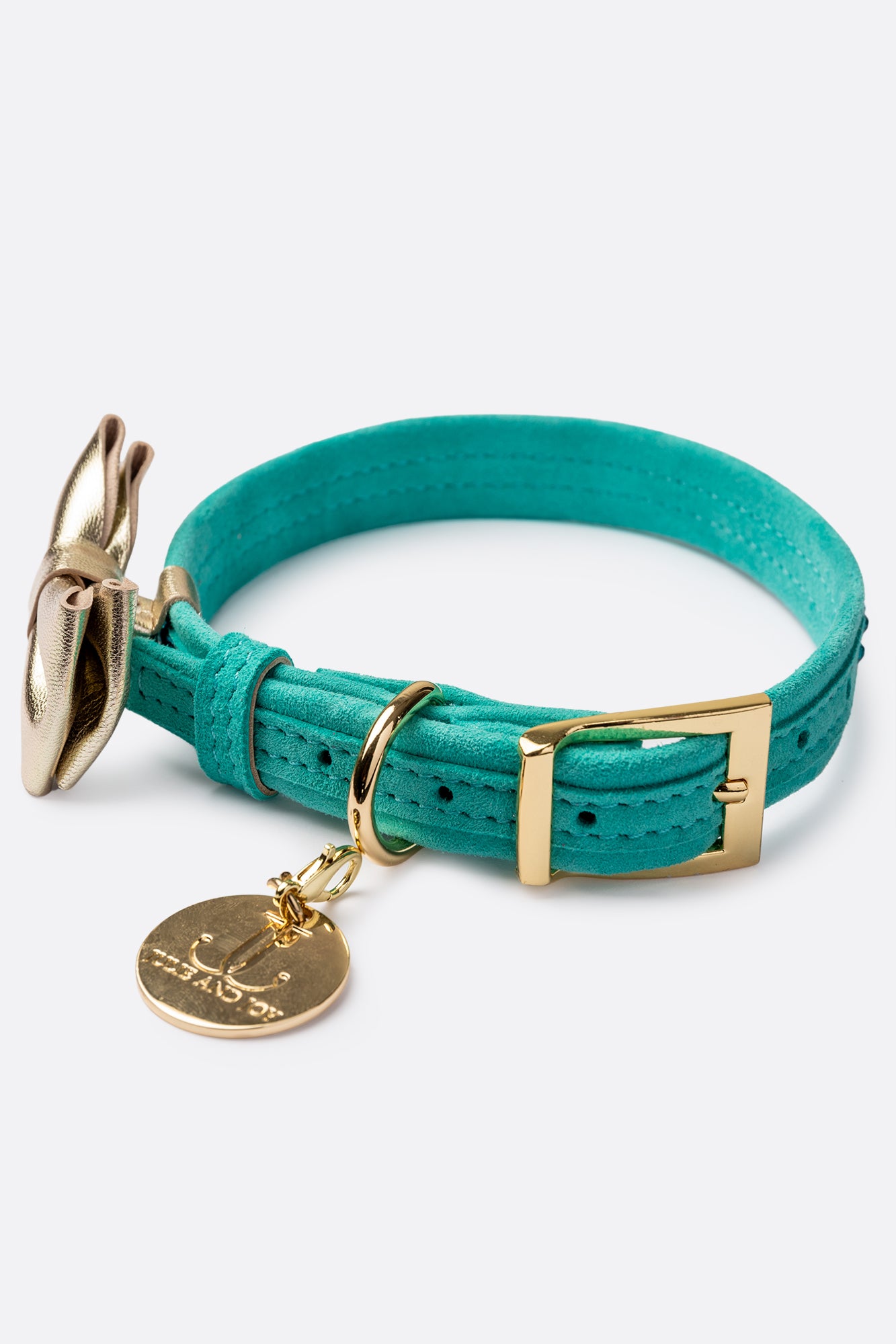 Turquoise ITALIAN Suede Dog Collar with Austrian “Preciosa” crystals and a bow