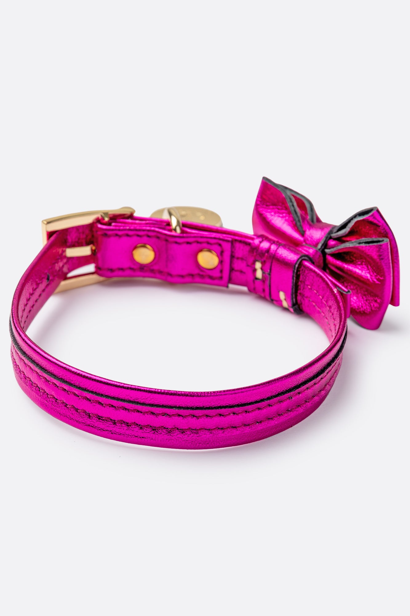 Dog Collar with a Bow ITALIAN Pink Leather HANDCRAFTED Gold finish Hardware