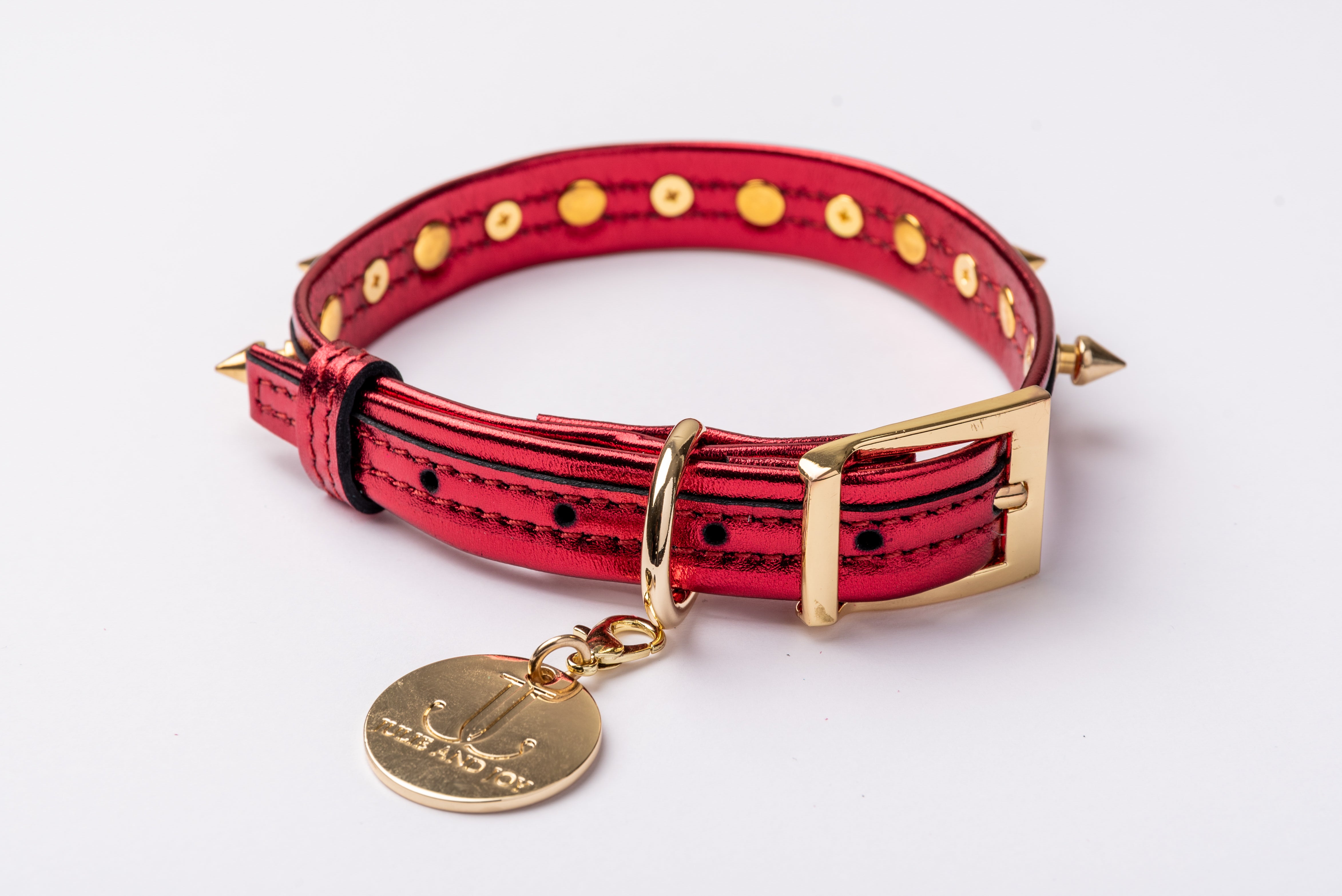 Red ITALIAN Genuine Leather Dog Collar Spiked Handcrafted Gold finish Hardware