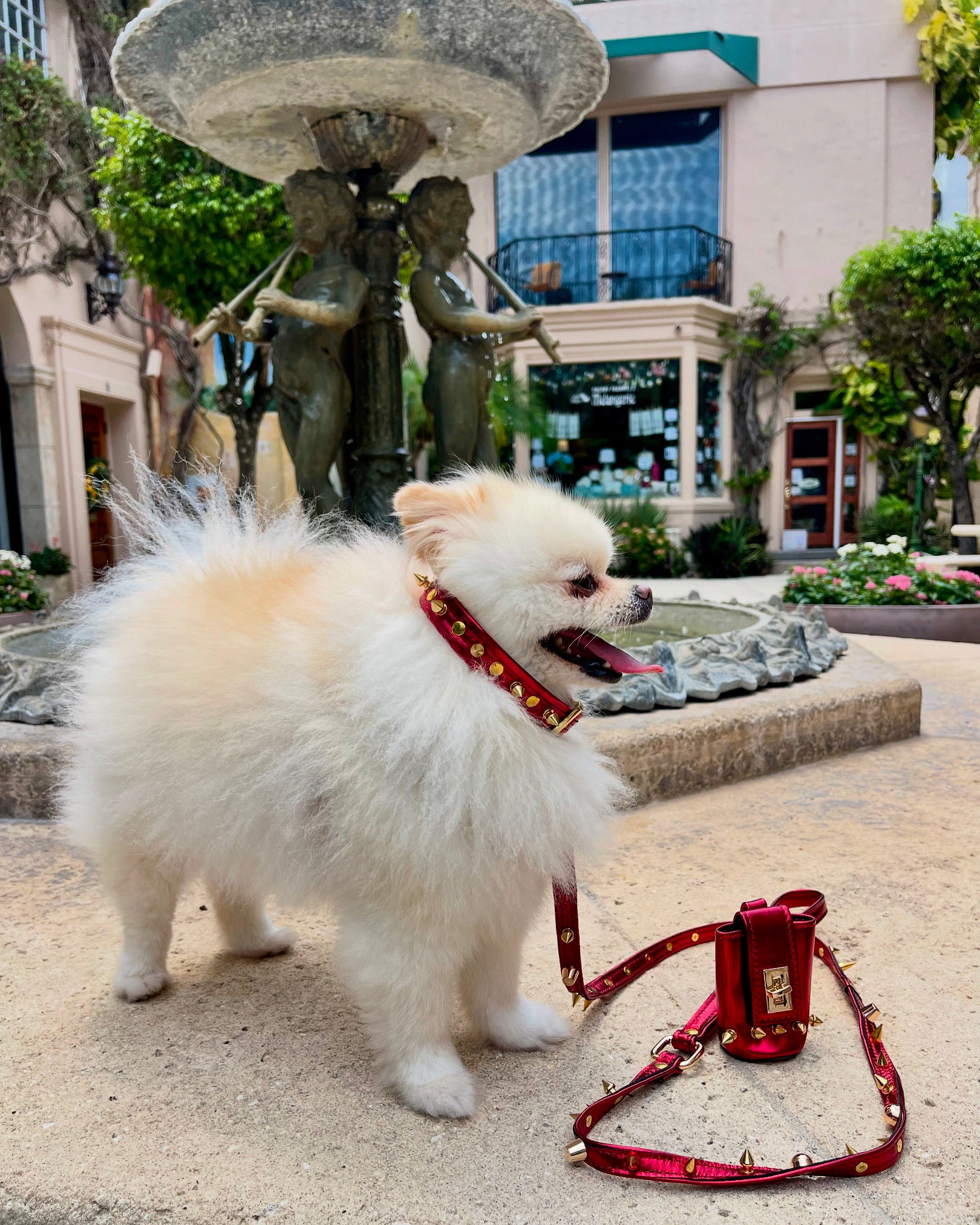 ITALIAN Genuine Red LEATHER LEASH For Dogs Spiked Handcrafted  Gold Hardware