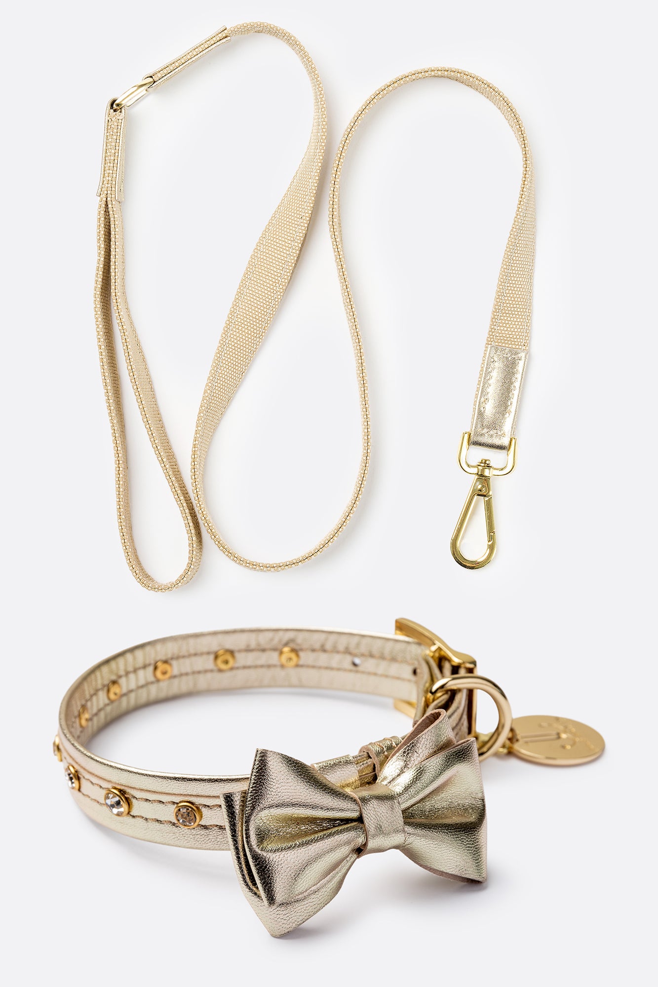 Dog Set Collar + Fabric Leash Dog Collar with a Bow ITALIAN Gold Leather HANDCRAFTED with crystals rivets Gold finish Hardware