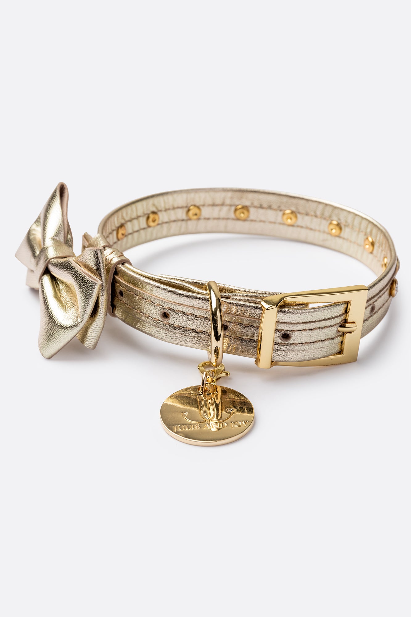 Dog Collar with a Bow ITALIAN Gold Leather HANDCRAFTED with Austrian crystals “ Preciosa” rivets Gold finish Hardware