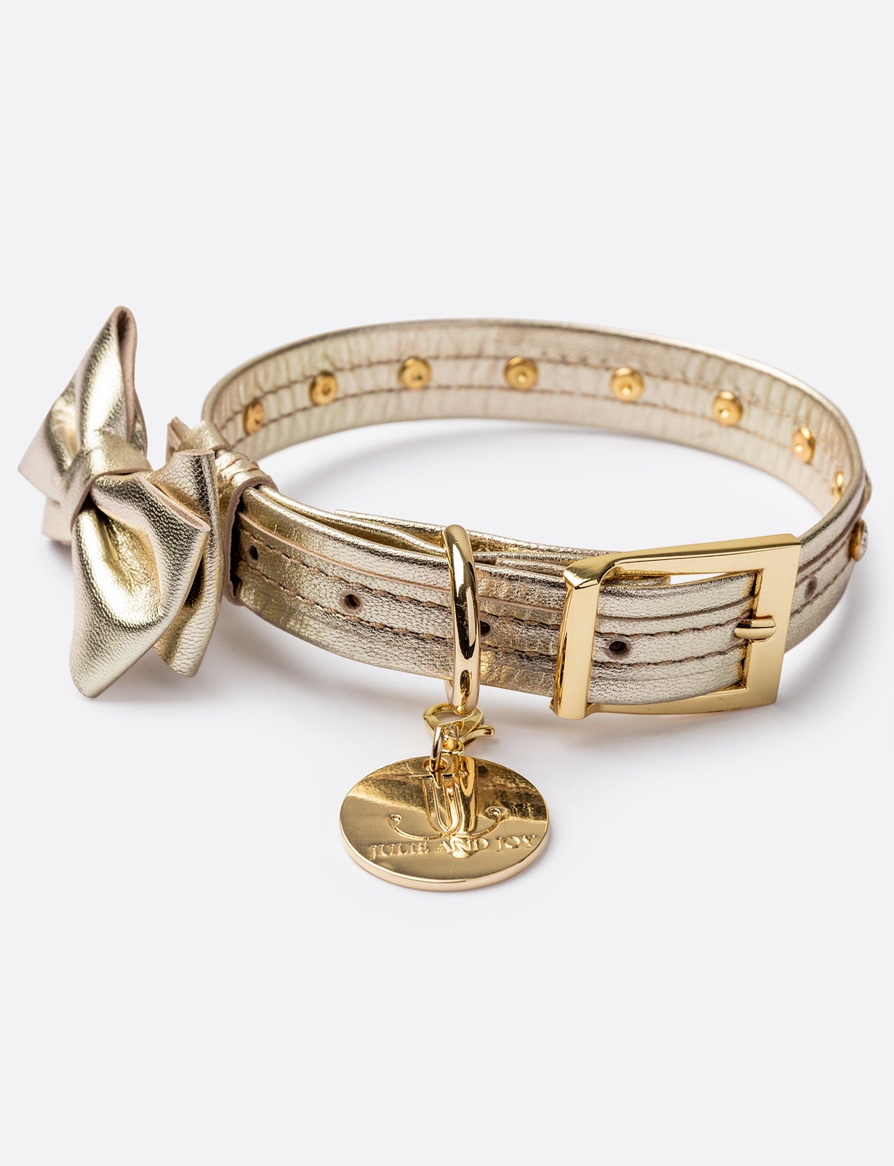 Dog Collar with a Bow ITALIAN Gold Leather HANDCRAFTED with crystals rivets Gold finish Hardware