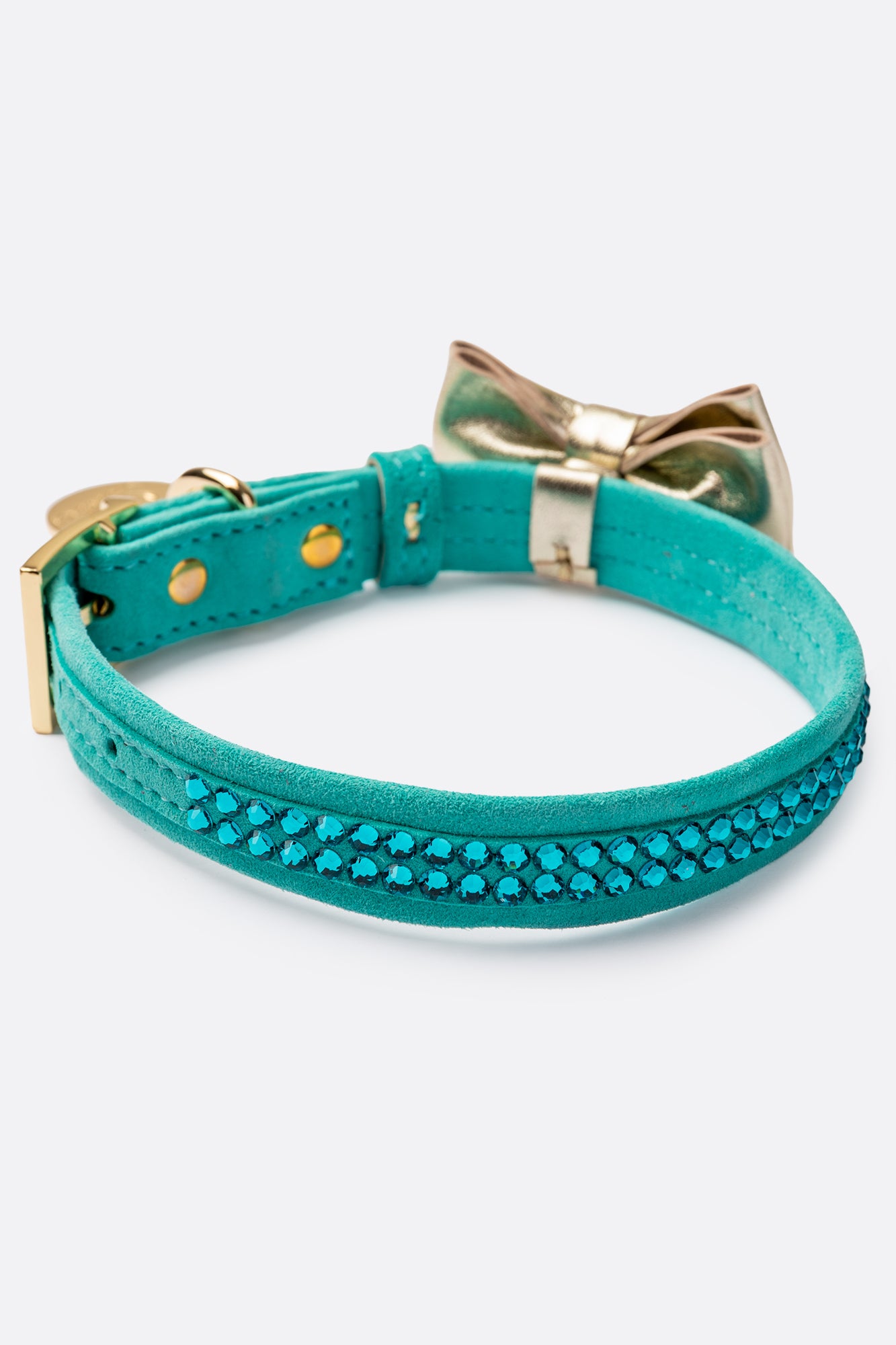 Turquoise ITALIAN Suede Dog Collar with Austrian “Preciosa” crystals and a bow