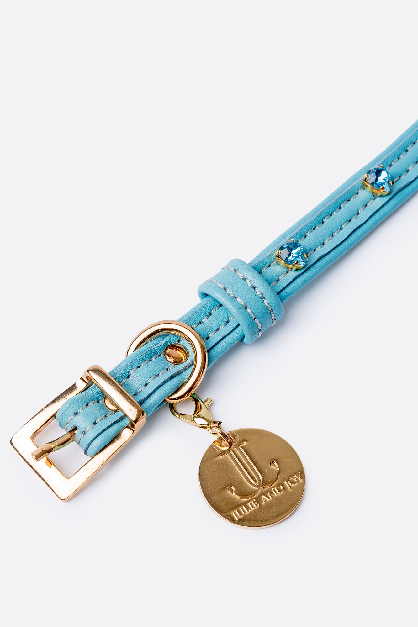 Dog Collar ITALIAN Blue Leather Perfect Gift For Dog Owners –Luxury Genuine Leather And Hearts crystals Gold Finish Hardware Collar