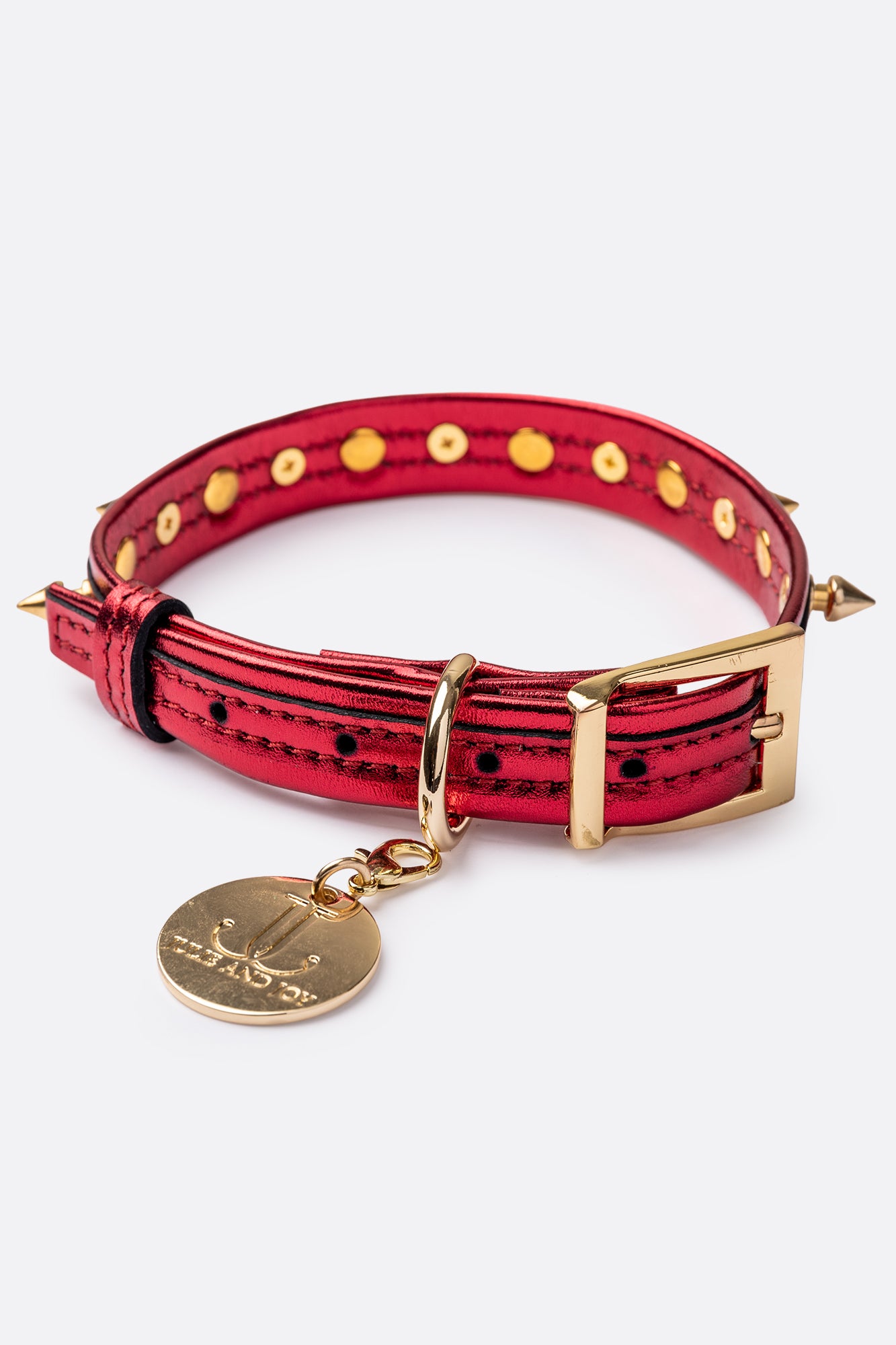 Red ITALIAN Genuine Leather Dog Collar Spiked Handcrafted Gold finish Hardware