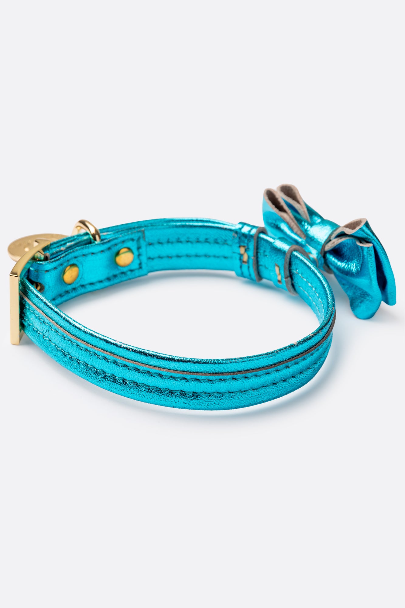 Dog Collar with a Bow ITALIAN Blue Leather HANDCRAFTED Gold finish Hardware